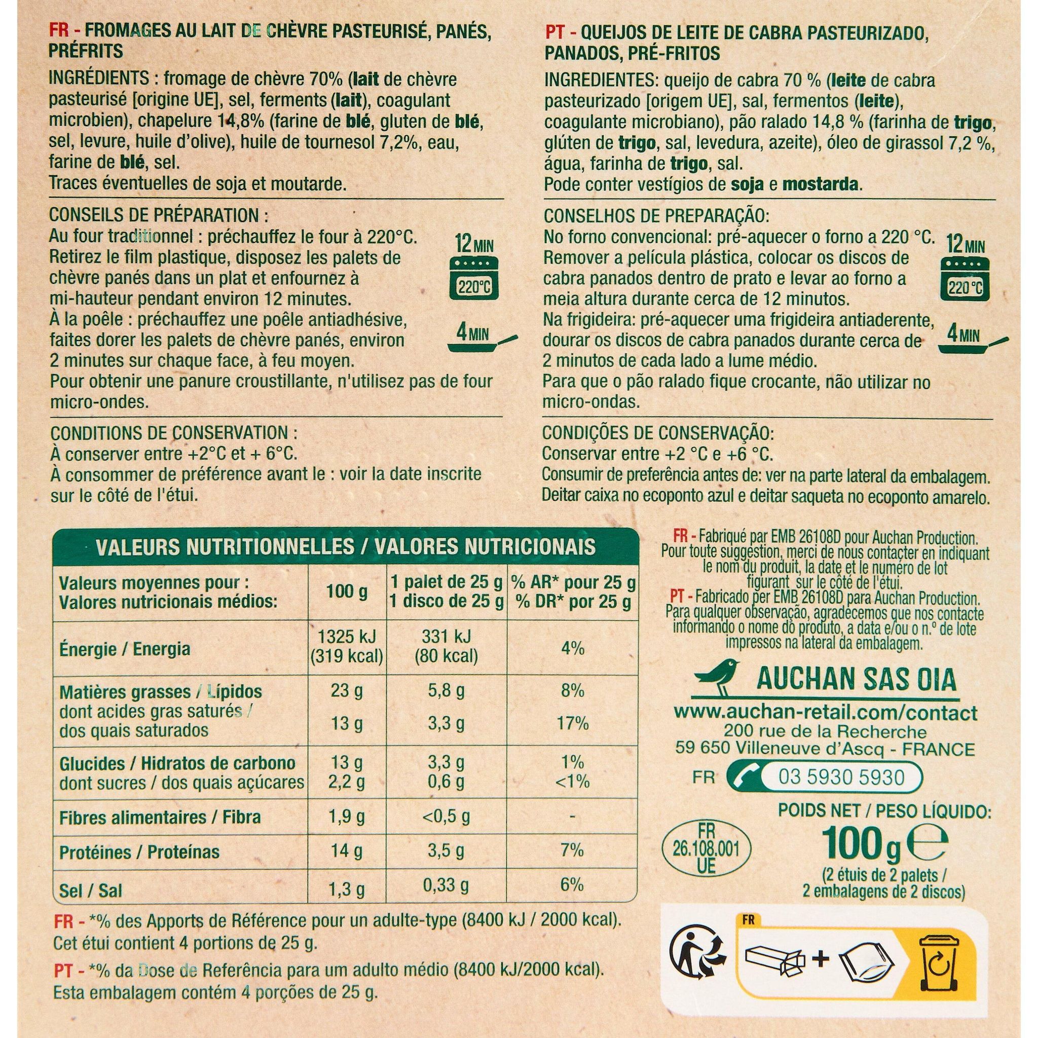 Voir la diapositive 3 : AUCHAN Palets de chèvre à dorer 4 pièces 100g