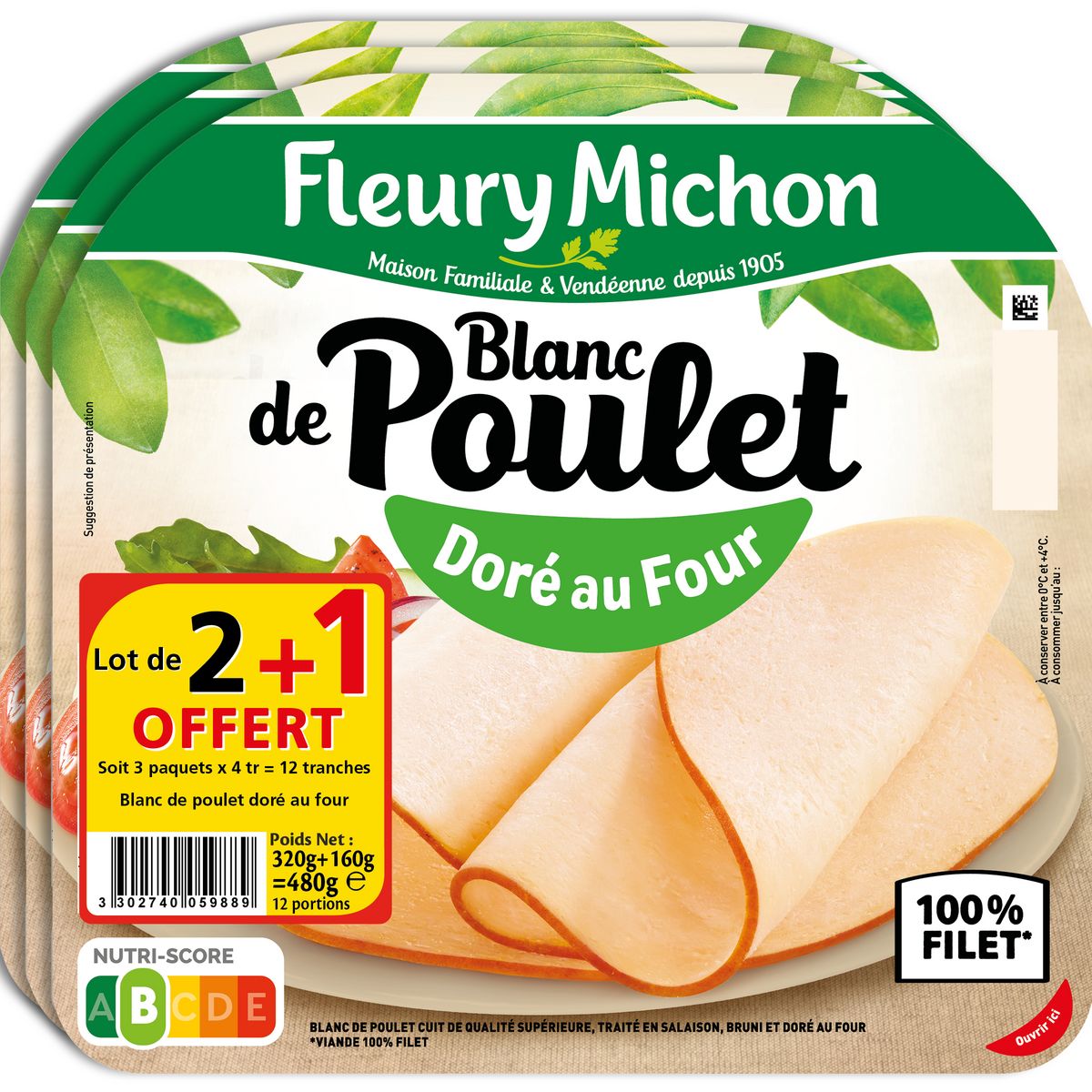 FLEURY MICHON Blanc de poulet doré au four 12 tranches 320g+160g offert
