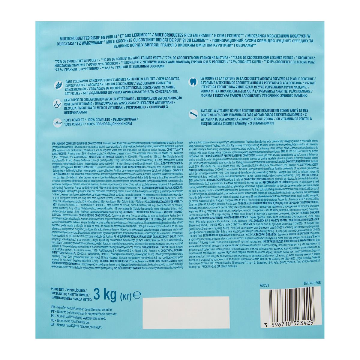 AUCHAN Multicroquettes au poulet et légumes pour chiot 3kg