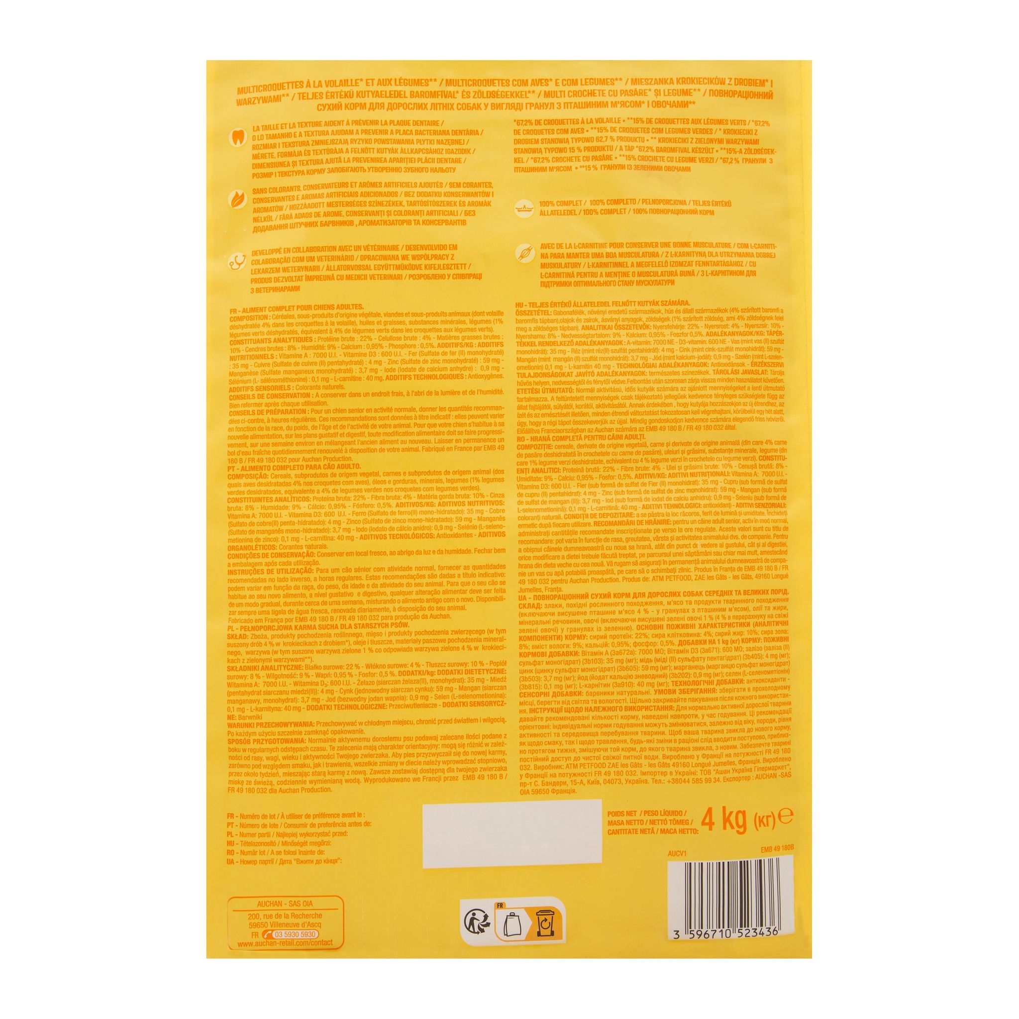 Voir la diapositive 2 : AUCHAN Multi croquettes à la volaille et aux légumes pour moyen et grand chien senior 4kg