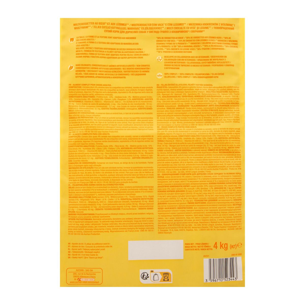 AUCHAN Multi croquettes aux boeuf et aux légumes pour moyen et grand chien 4kg