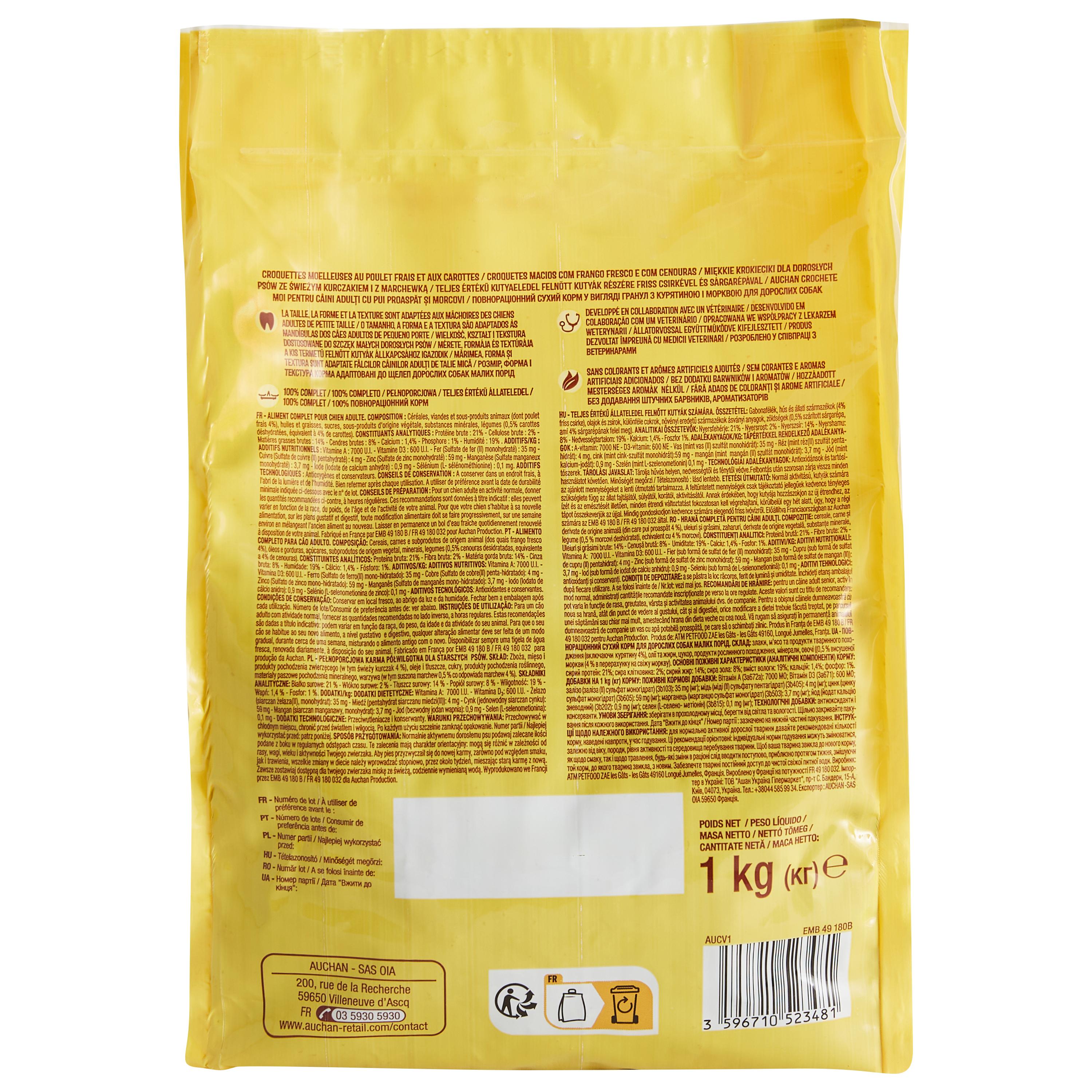 Voir la diapositive 2 : AUCHAN Croquettes moelleuses au poulet frais et aux carottes pour petit chien 1kg
