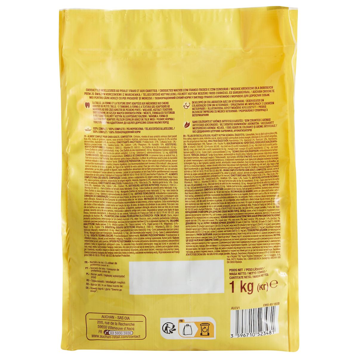 AUCHAN Croquettes moelleuses au poulet frais et aux carottes pour petit chien 1kg