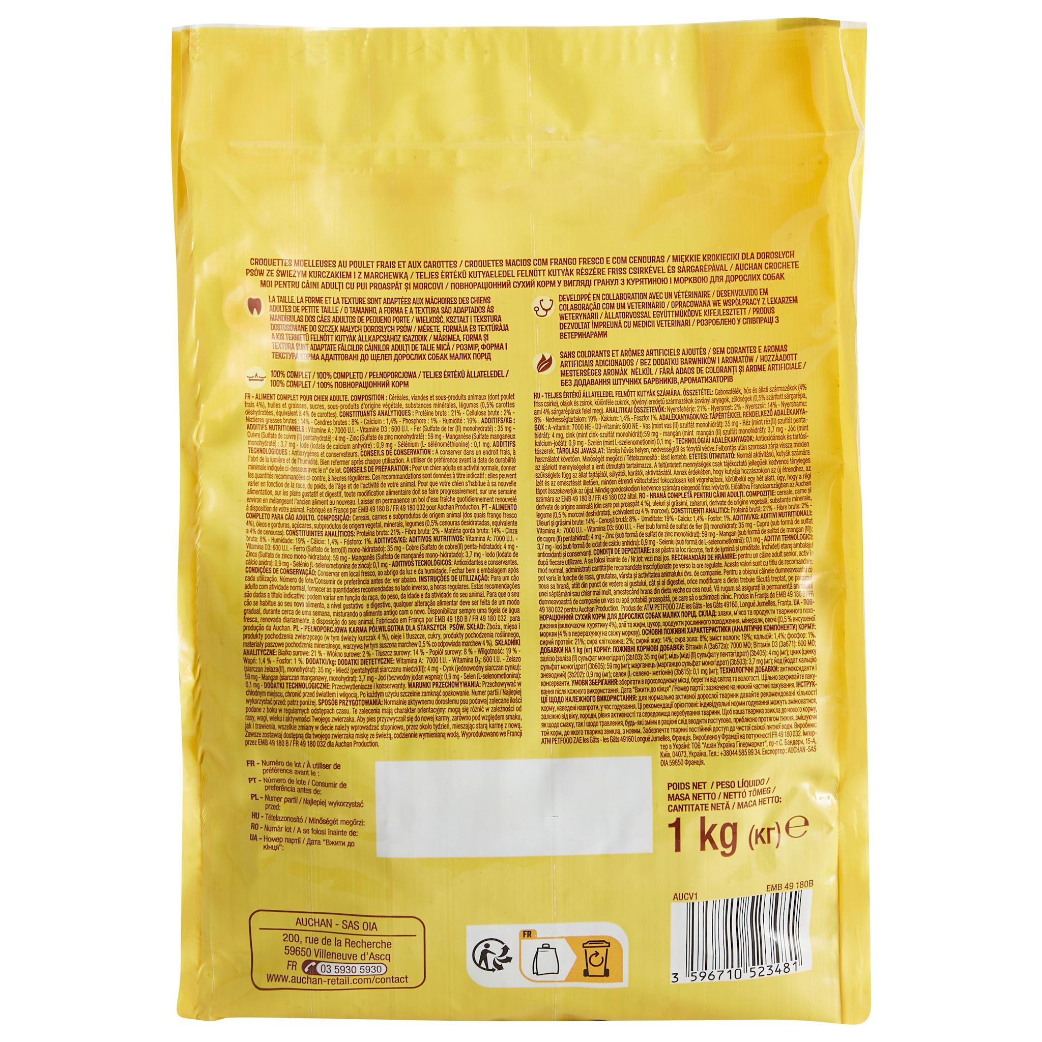 Voir la diapositive 2 : AUCHAN Croquettes moelleuses au poulet frais et aux carottes pour petit chien 1kg