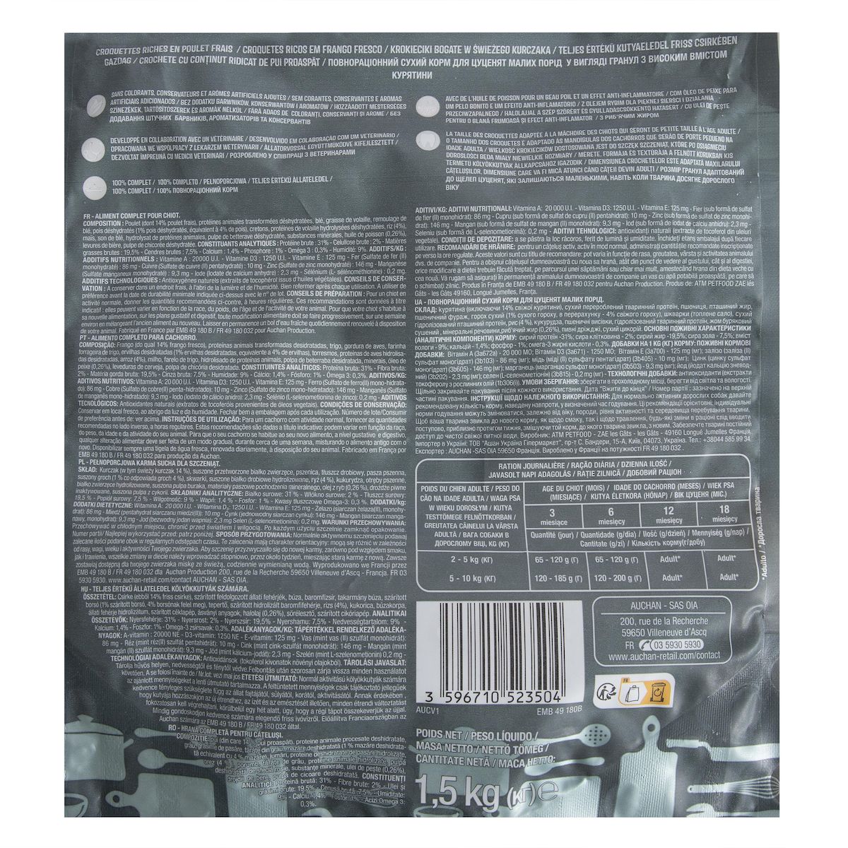 AUCHAN Croquettes riche en poulet frais avec de l'huile de poisson pour chien 1,5kg