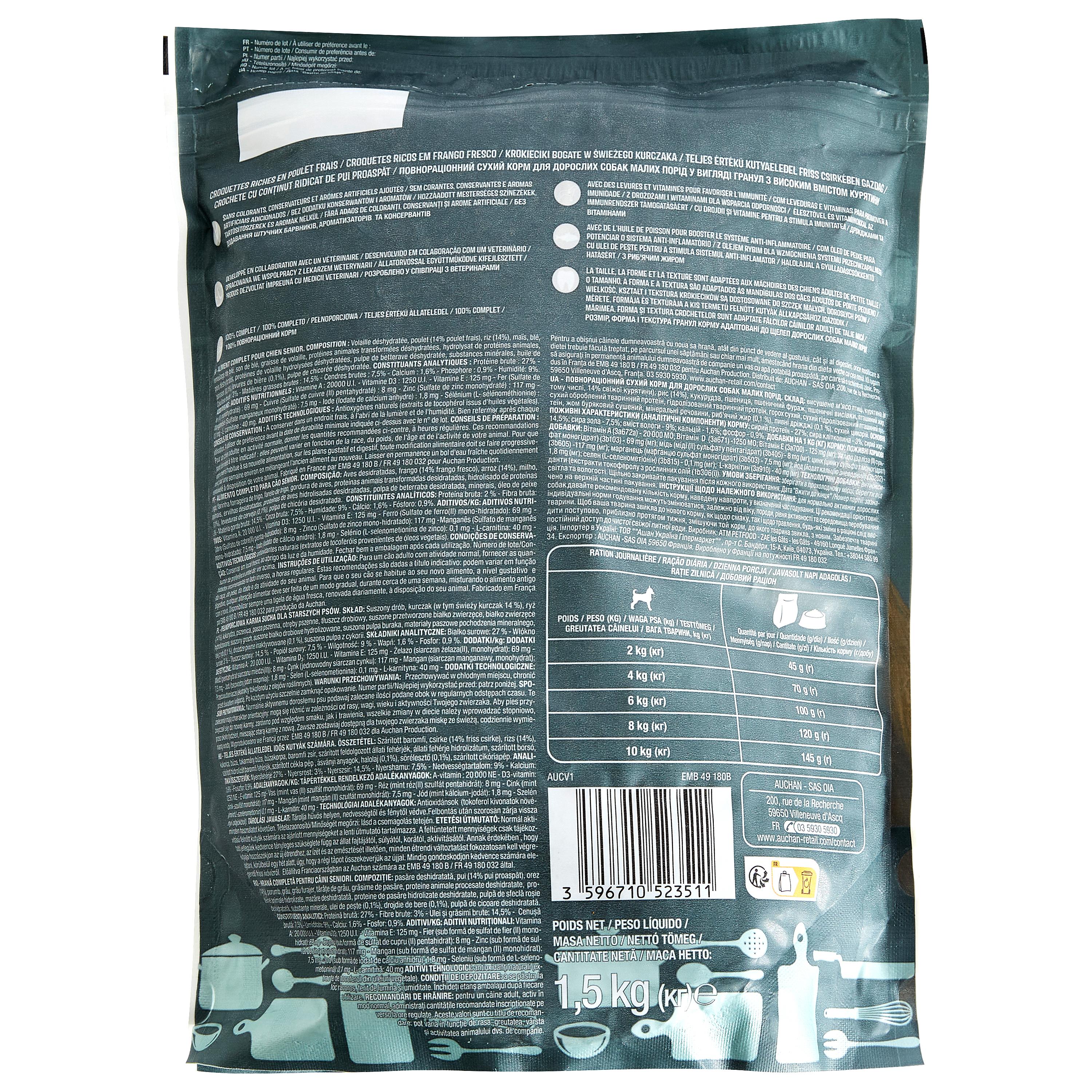 Voir la diapositive 2 : AUCHAN Croquettes riches en poulet frais pour petit chien senior 1.5kg