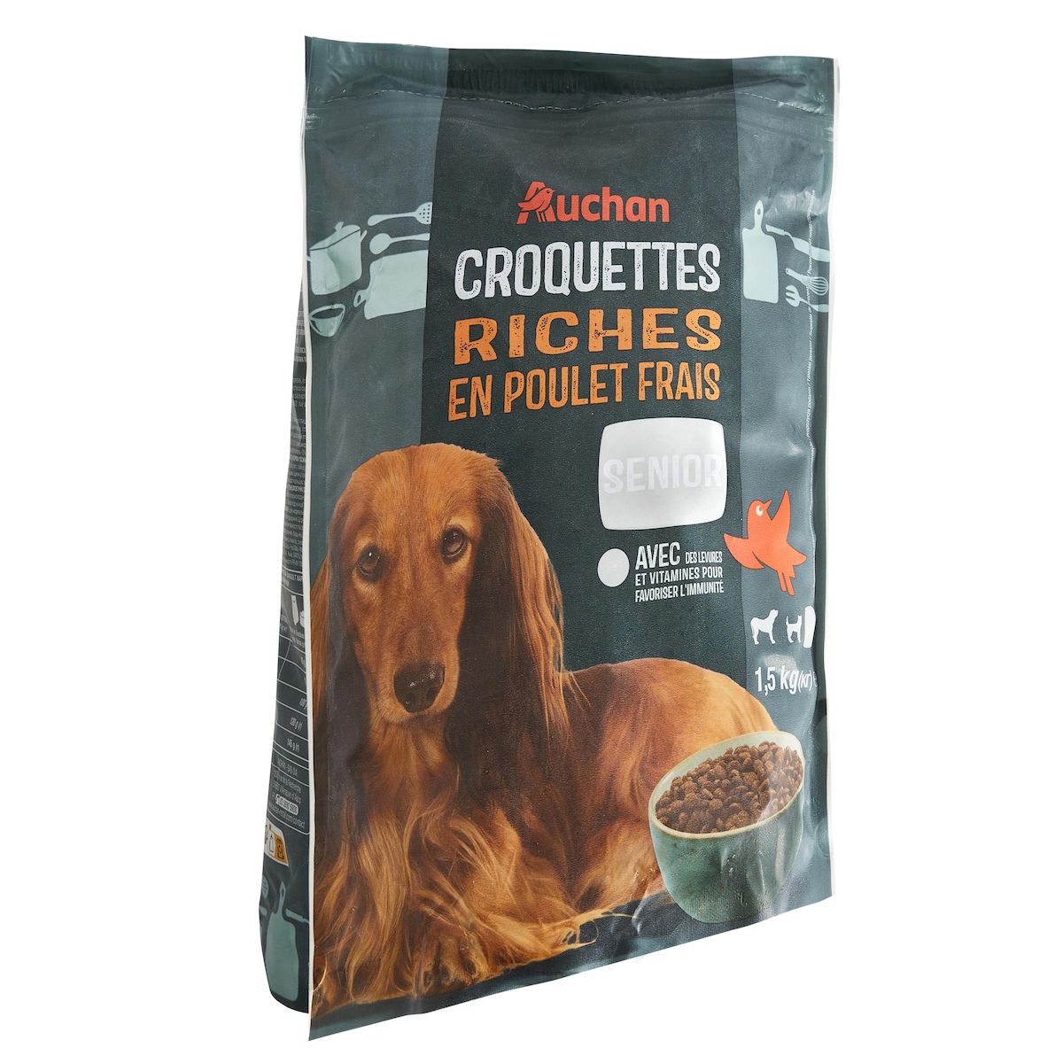 AUCHAN Croquettes riches en poulet frais pour petit chien senior 1.5kg