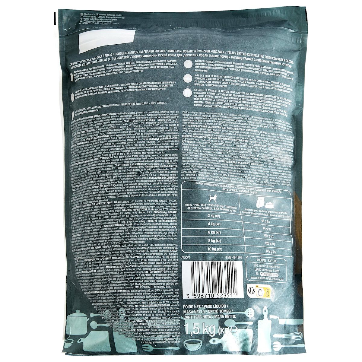 AUCHAN Croquettes riches en poulet frais pour petit chien senior 1.5kg