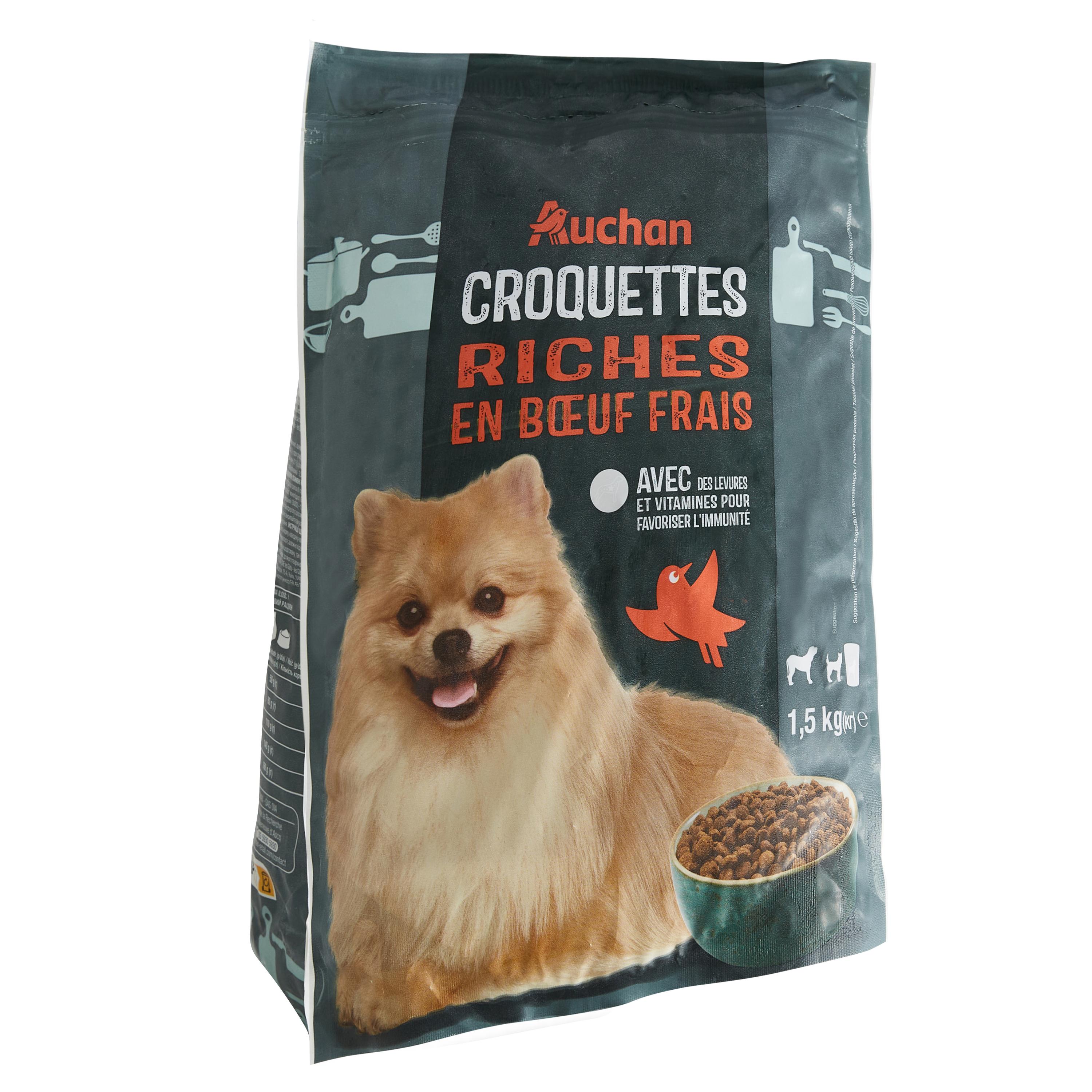 Voir la diapositive 2 : AUCHAN Croquettes riches en boeuf frais pour petit chien 1.5kg