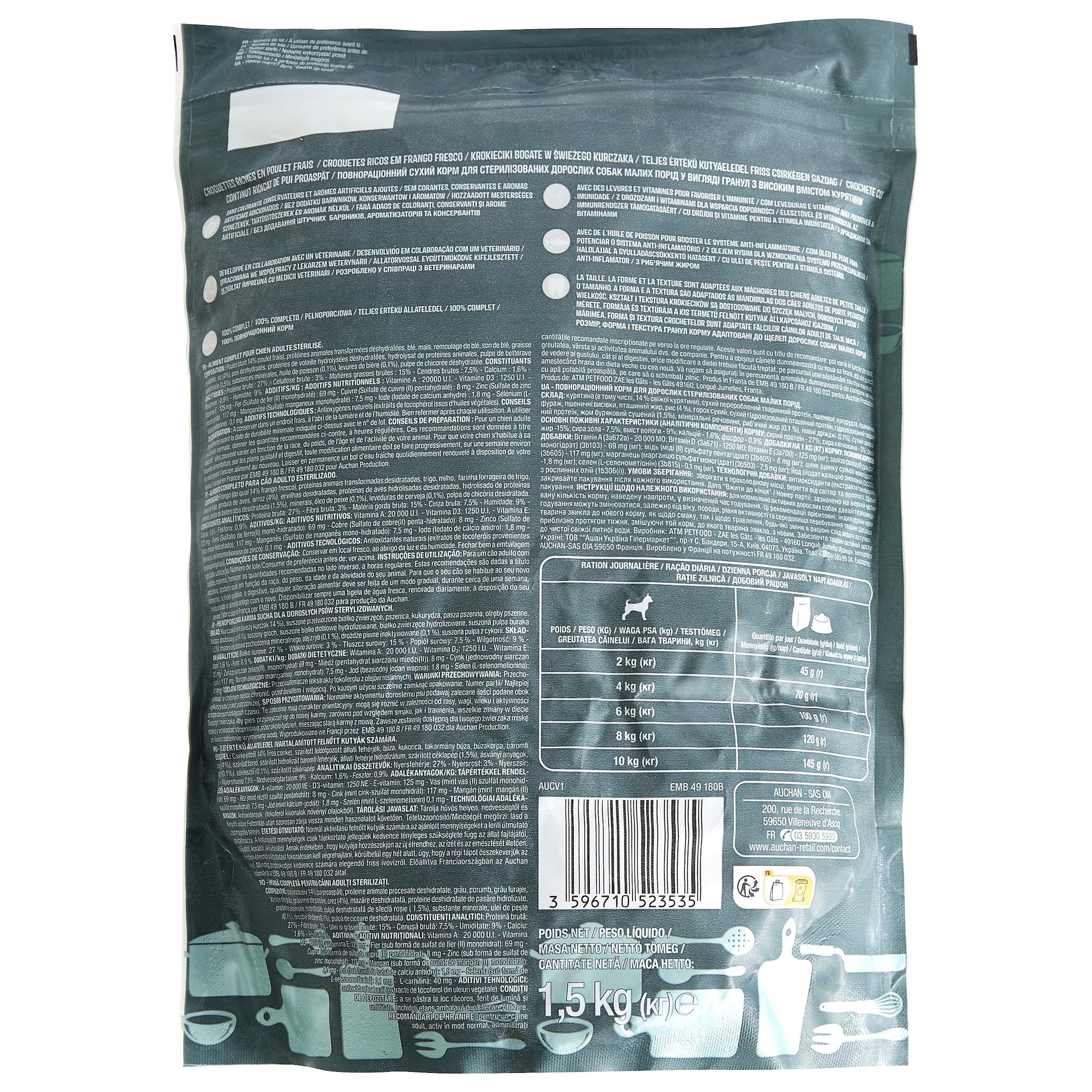 Voir la diapositive 3 : AUCHAN Croquettes au poulet pour chien stérilisé 1,5kg