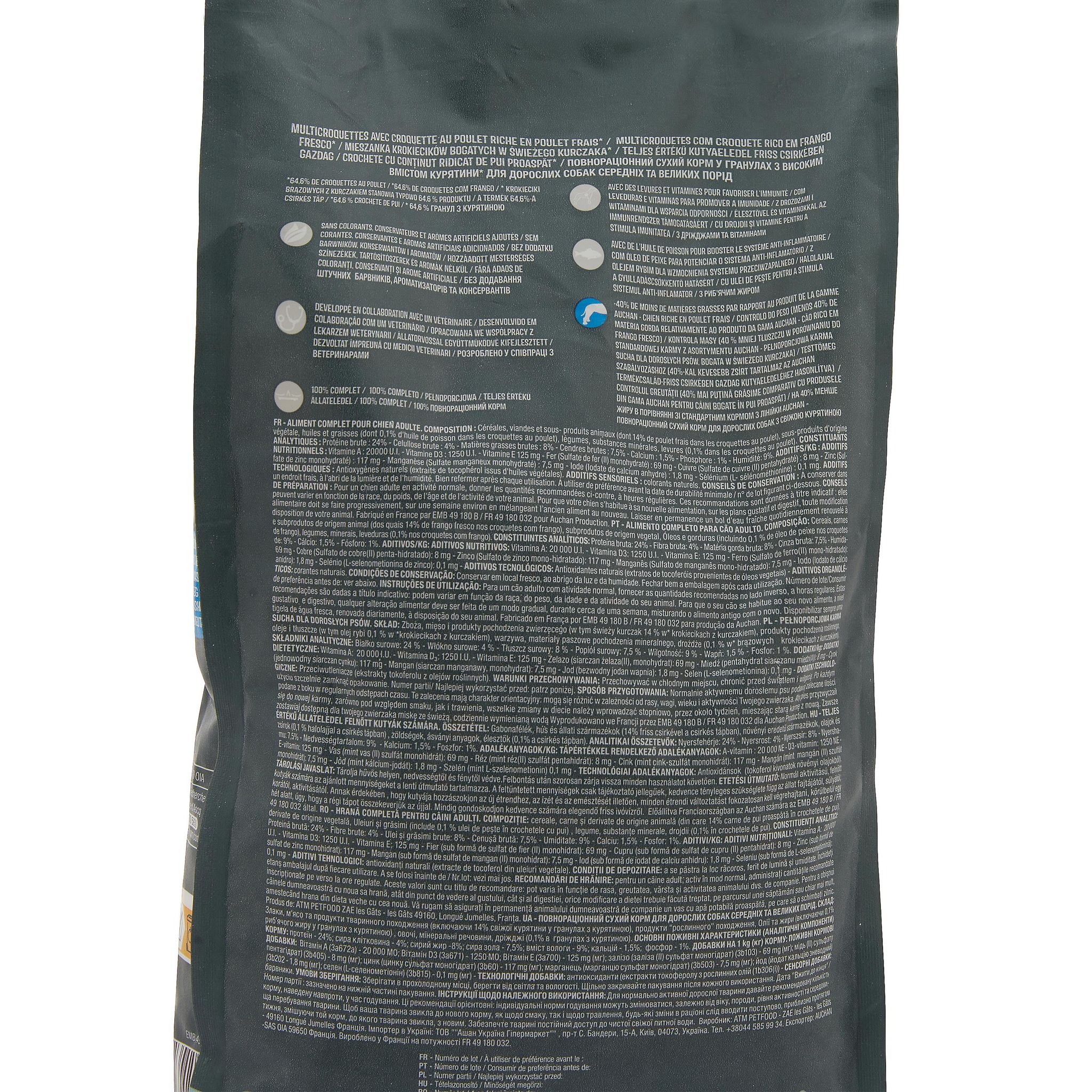 Voir la diapositive 2 : AUCHAN Multicroquettes riches en poulet frais avec huile de poisson pour moyen et grand chien 2kg