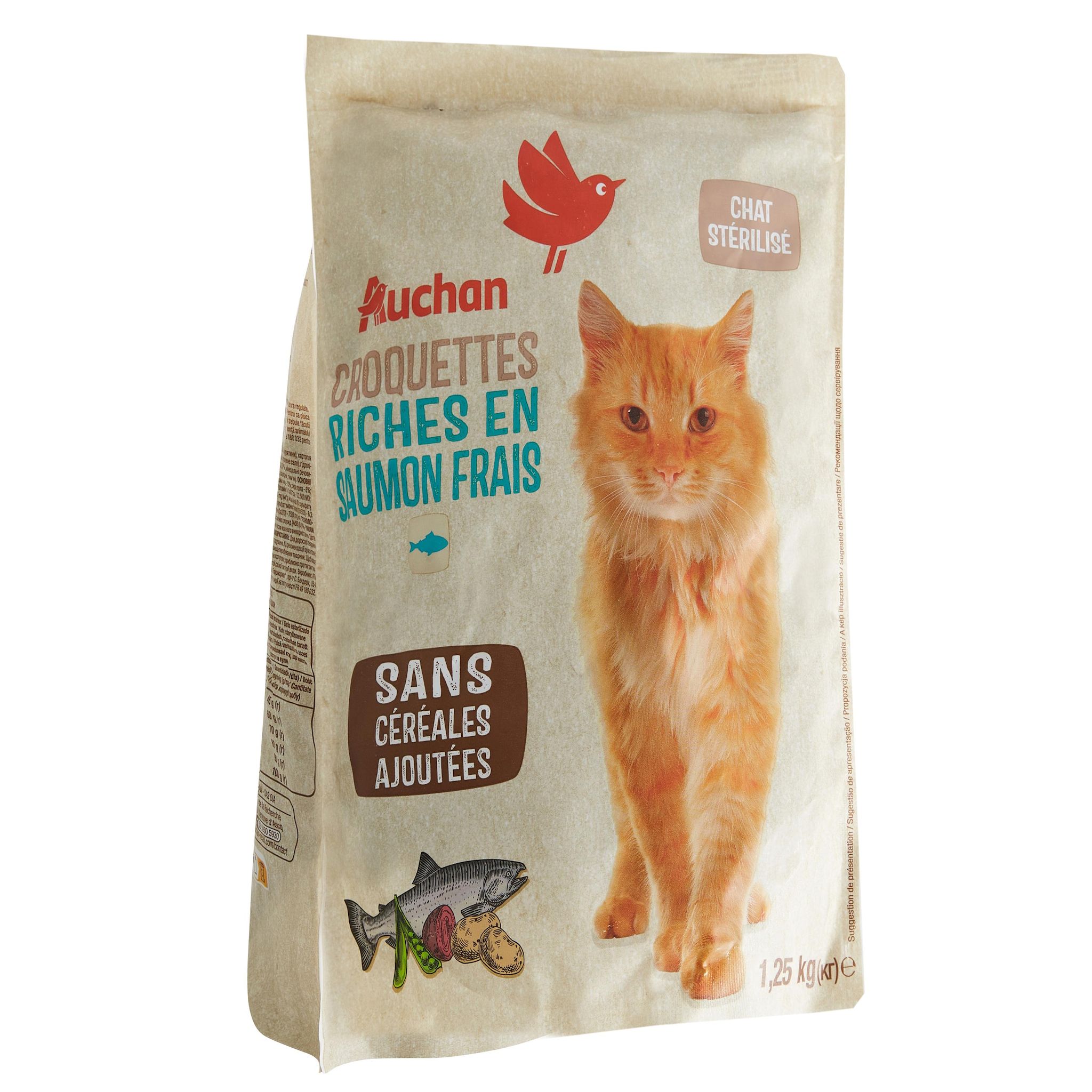 Voir la diapositive 2 : AUCHAN Croquettes saumon frais sans céréales ajoutées pour chat stérilisé 1,25kg