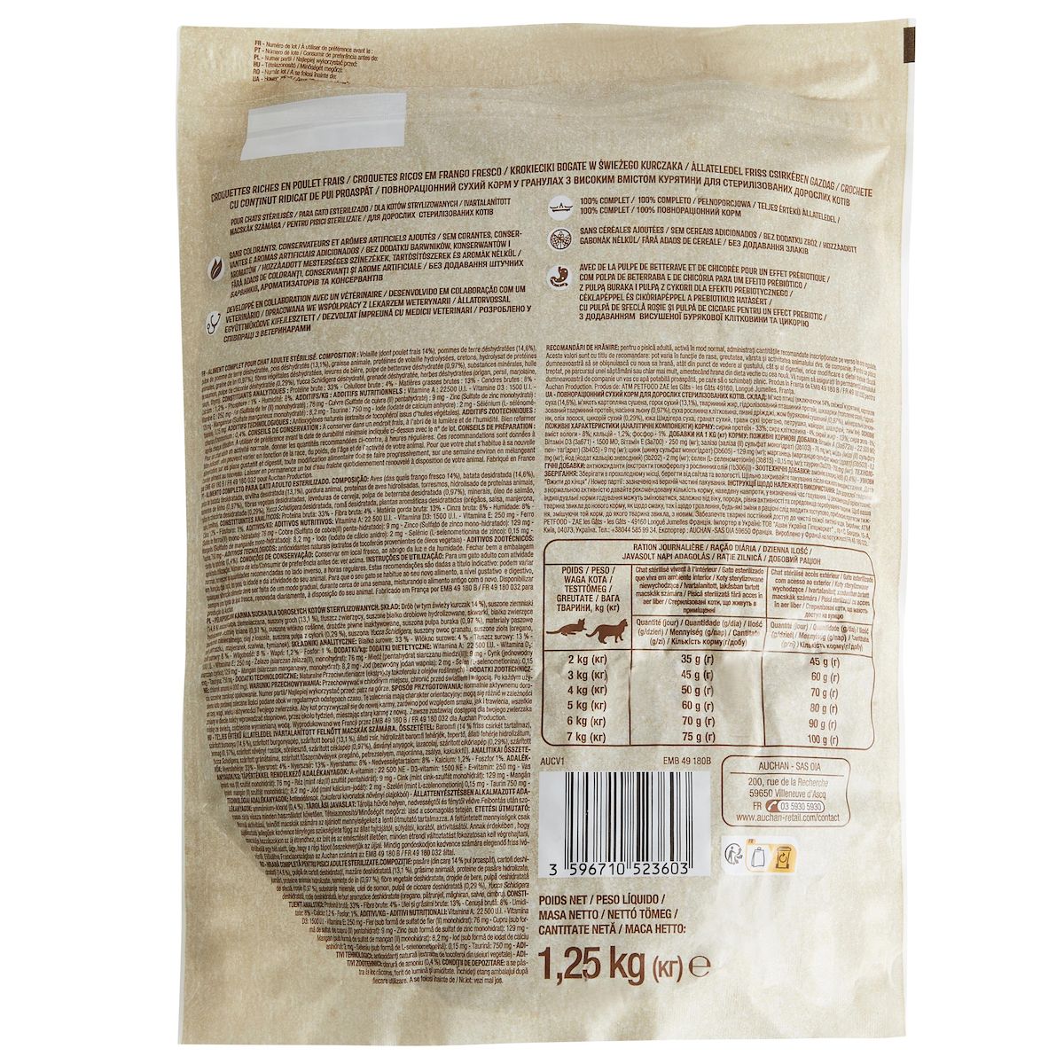 AUCHAN Croquettes riches en poulet frais pour chat stérilisé 1.25kg