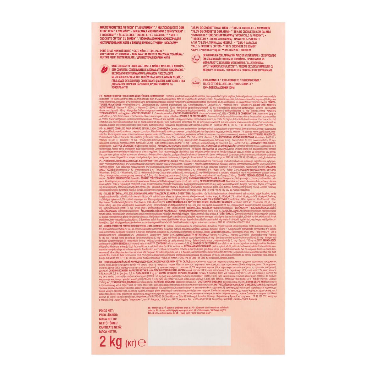 AUCHAN Multi croquettes au thon et saumon pour chat non stérilisé 2kg