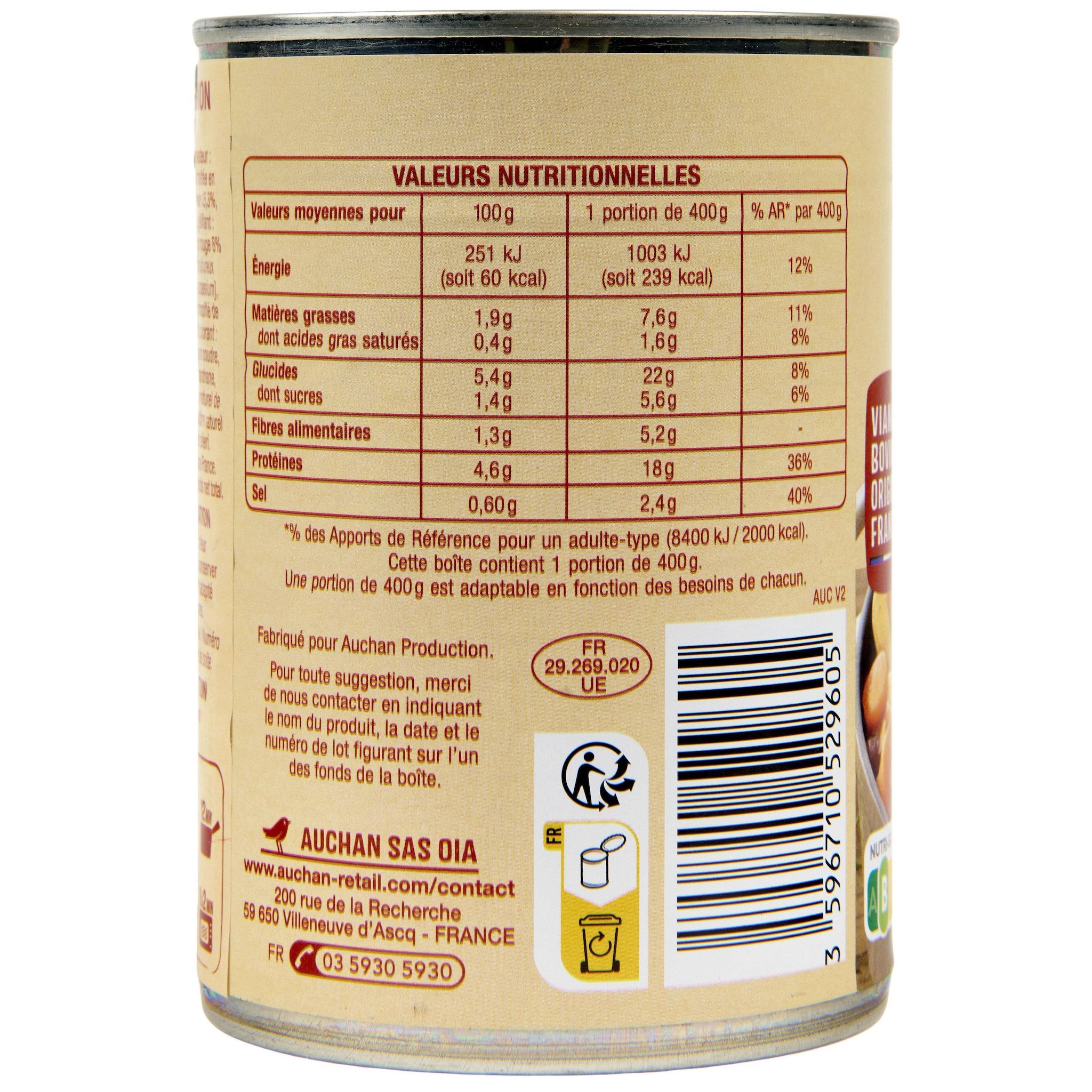 Voir la diapositive 2 : AUCHAN Boeuf bourguignon 1 portion 400g