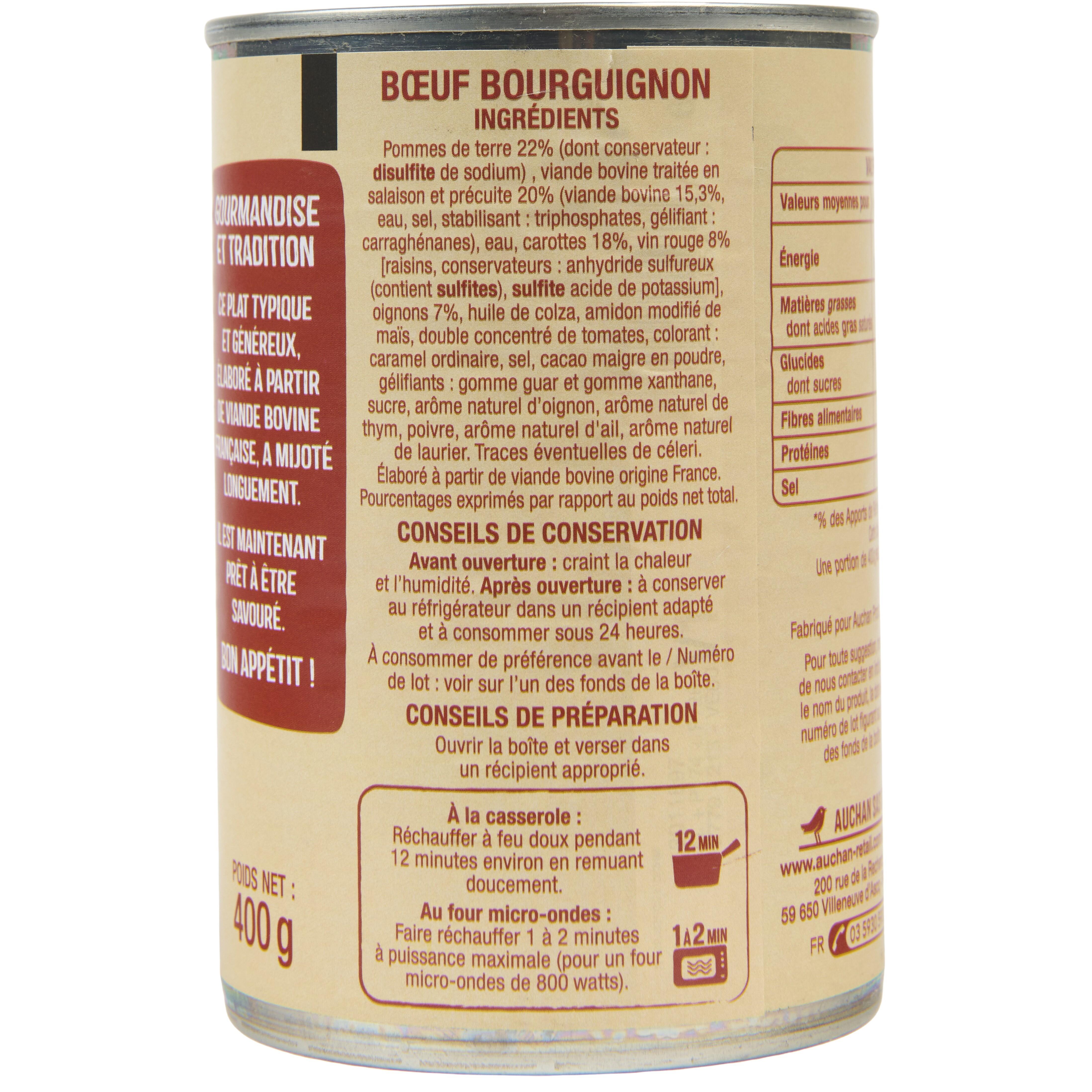Voir la diapositive 3 : AUCHAN Boeuf bourguignon 1 portion 400g