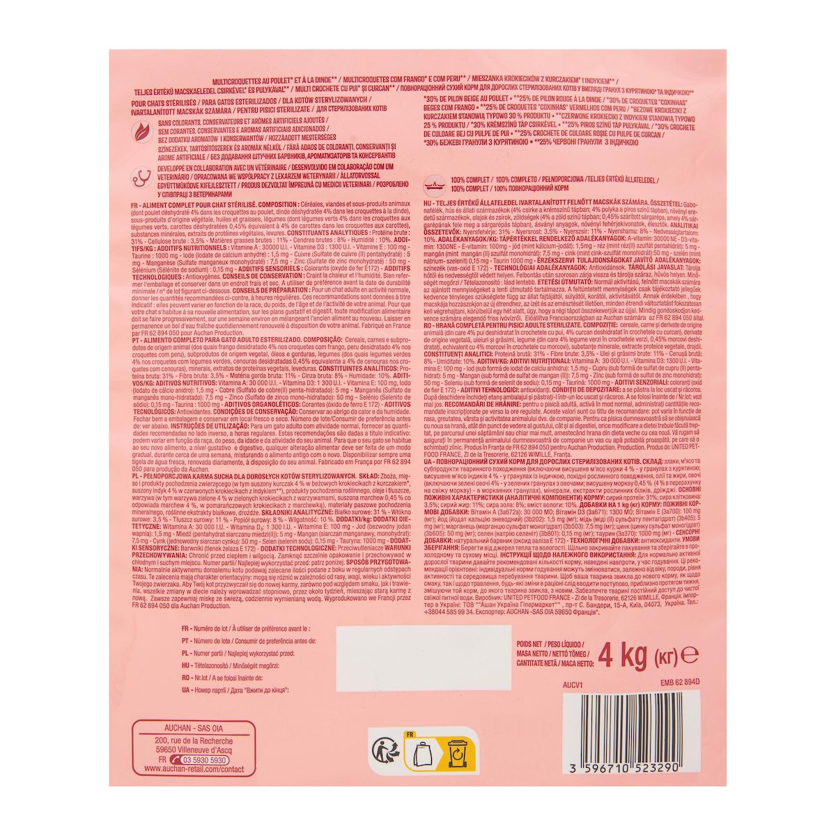 AUCHAN Multi croquettes au poulet et à la dinde pour chat stérilisé 4kg