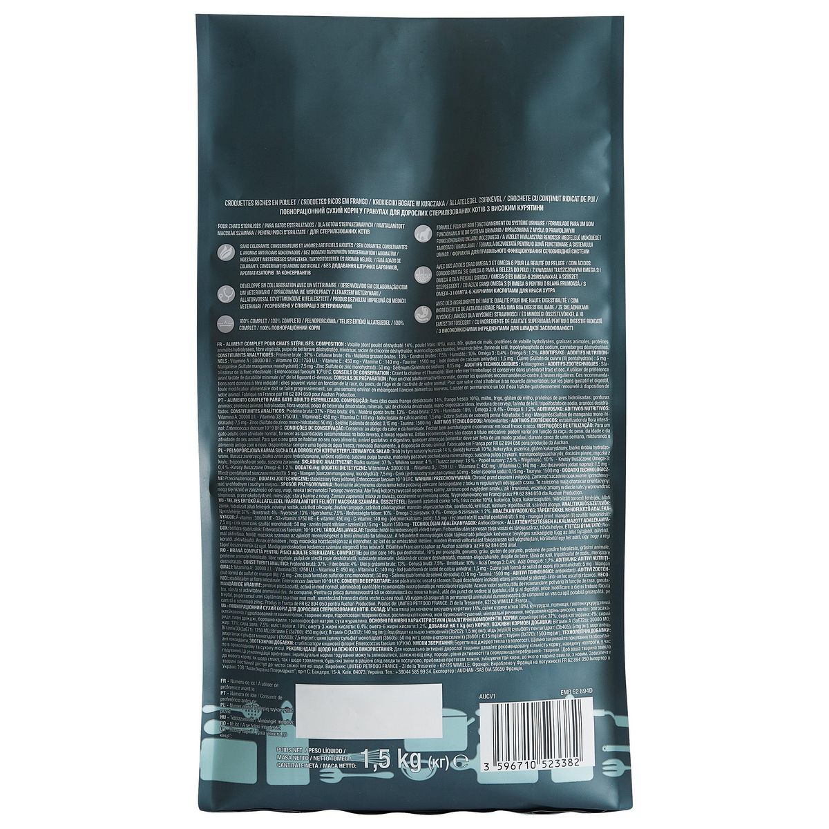 AUCHAN Croquettes riches en poulets pour chat stérilisé 1.5kg