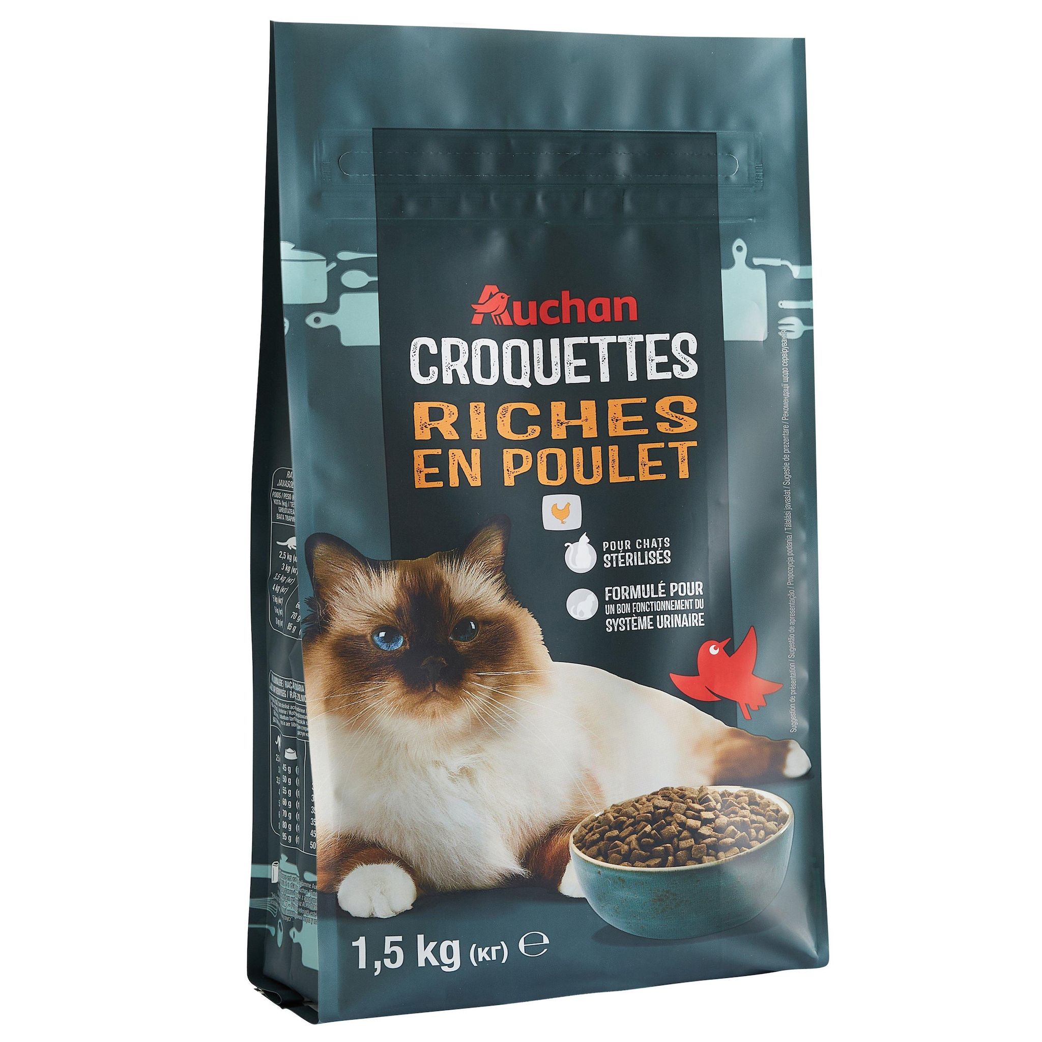 Voir la diapositive 2 : AUCHAN Croquettes riches en poulets pour chat stérilisé 1.5kg