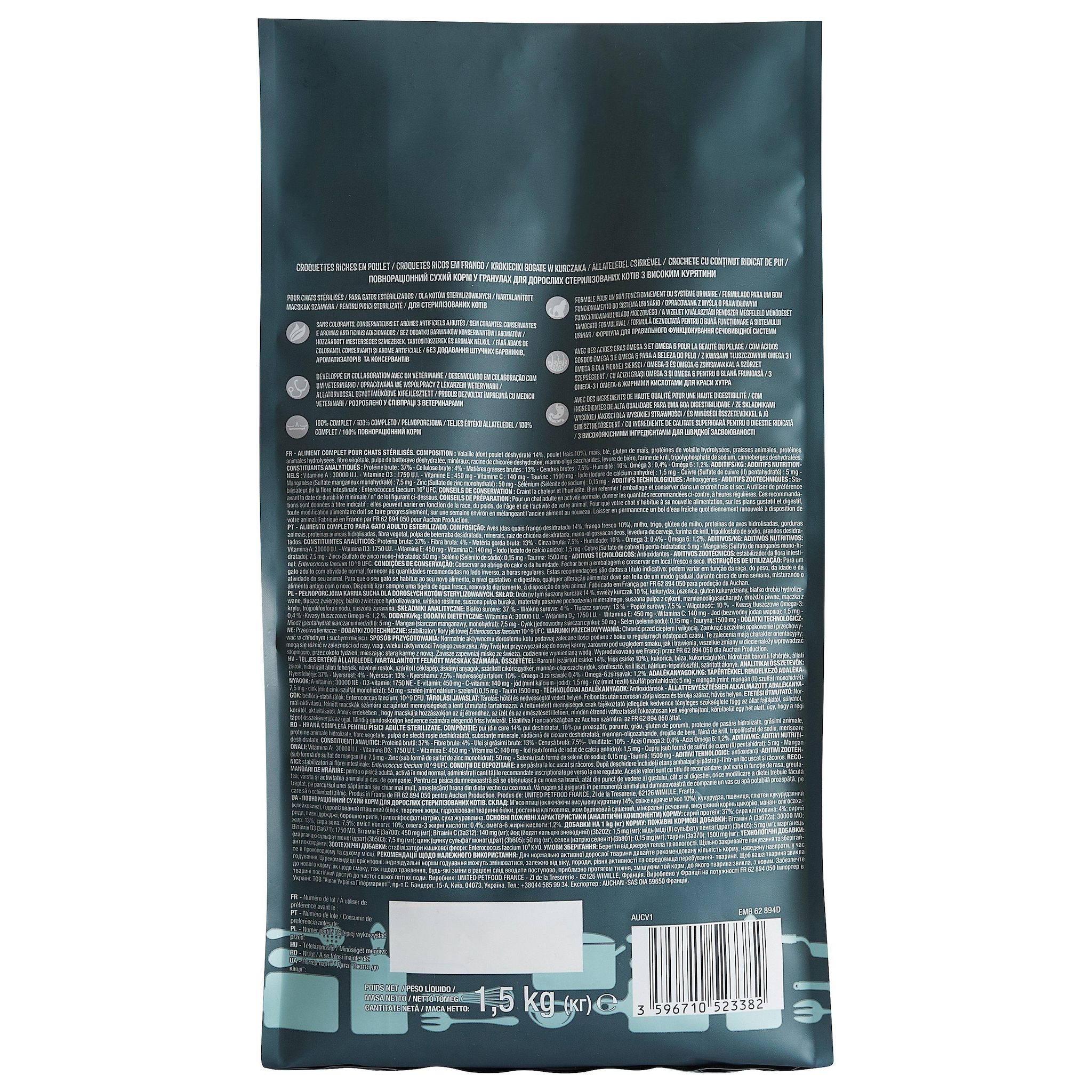 Voir la diapositive 3 : AUCHAN Croquettes riches en poulets pour chat stérilisé 1.5kg