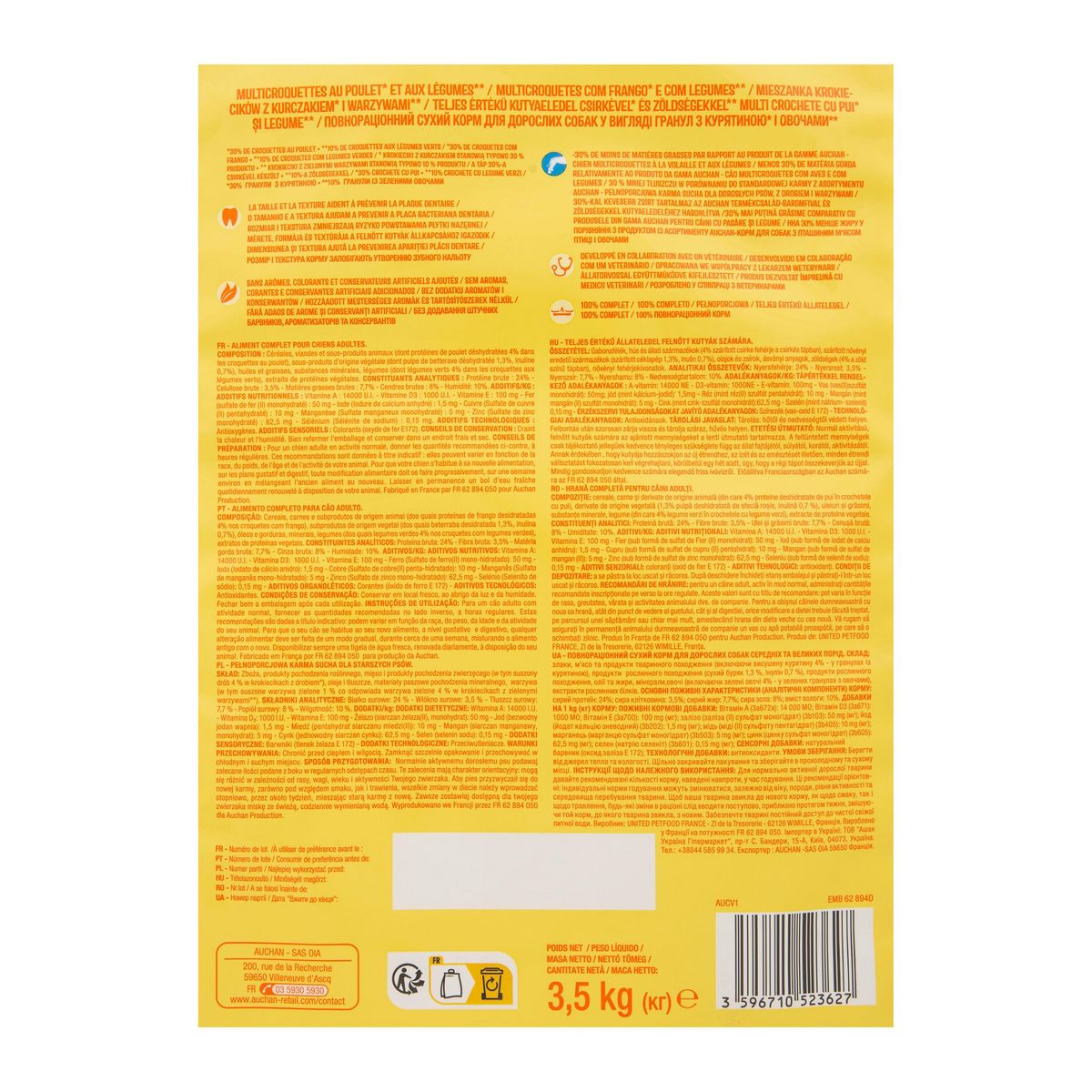 AUCHAN Multi croquettes au poulet et aux légumes contrôle de poids pour chien moyen 3.5kg