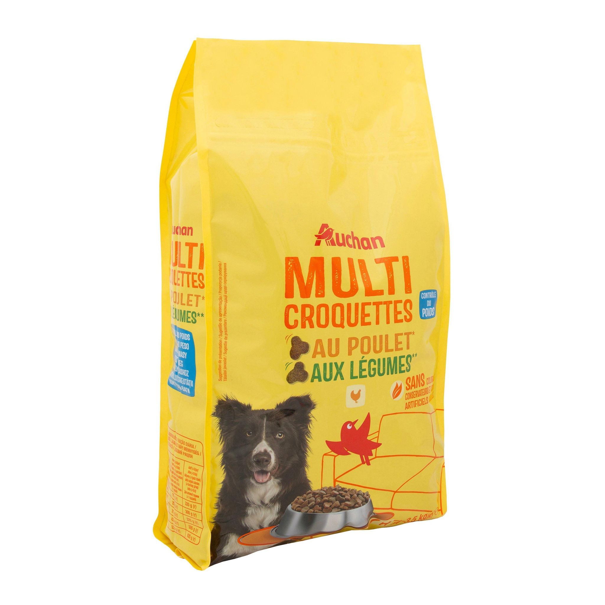 Voir la diapositive 2 : AUCHAN Multi croquettes au poulet et aux légumes contrôle de poids pour chien moyen 3.5kg