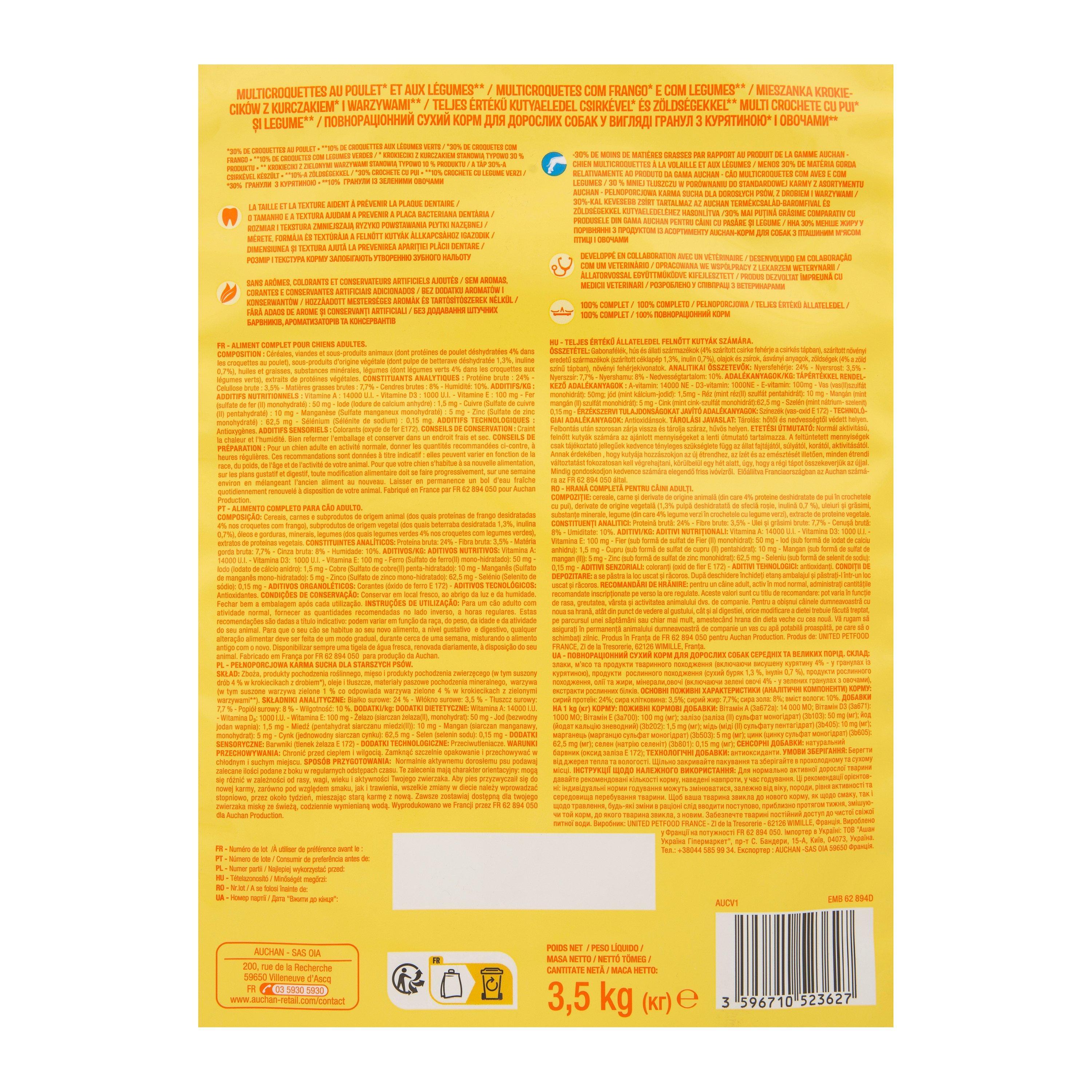 Voir la diapositive 3 : AUCHAN Multi croquettes au poulet et aux légumes contrôle de poids pour chien moyen 3.5kg