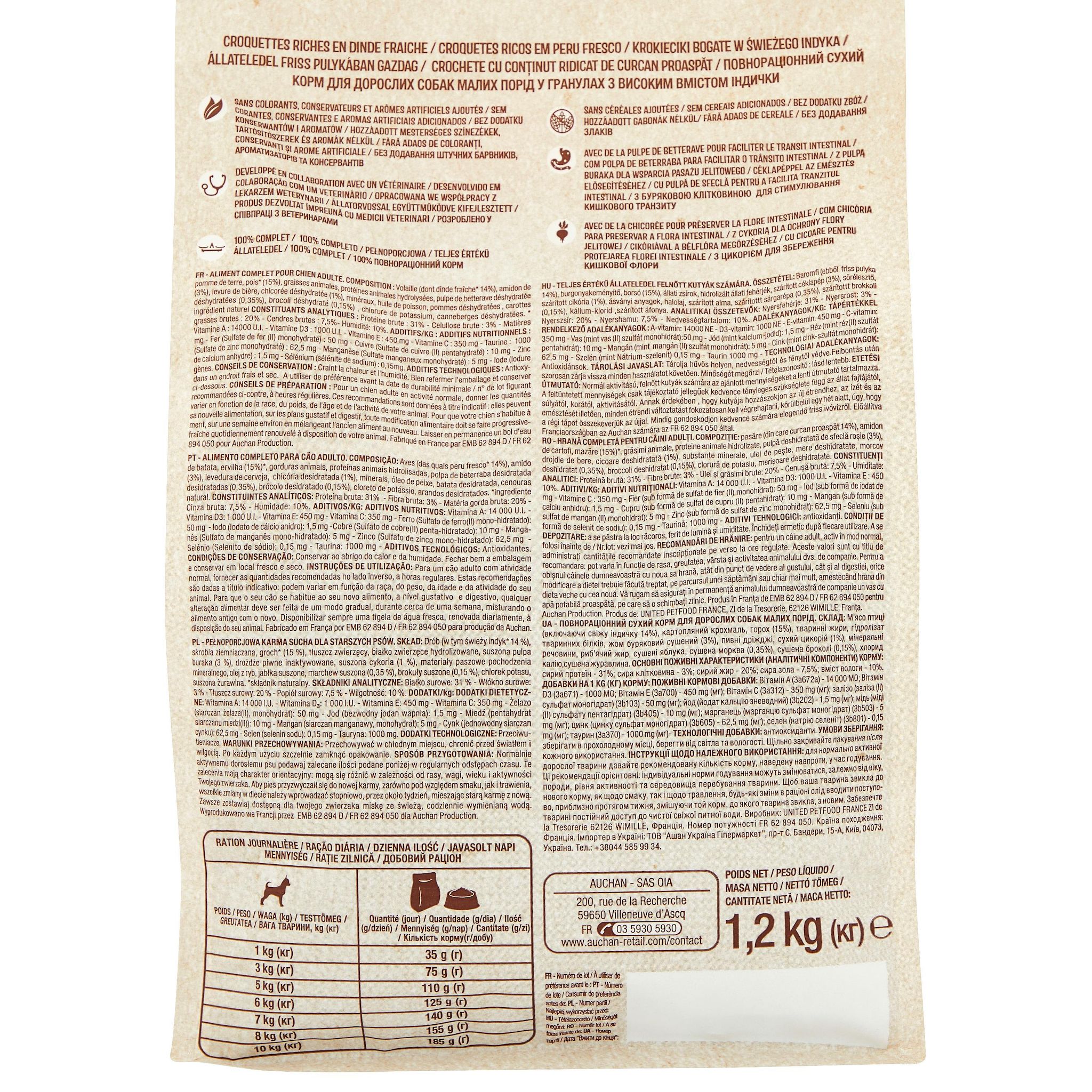 Voir la diapositive 3 : AUCHAN Croquettes riches en dinde fraiche pour petit chien 1.2kg