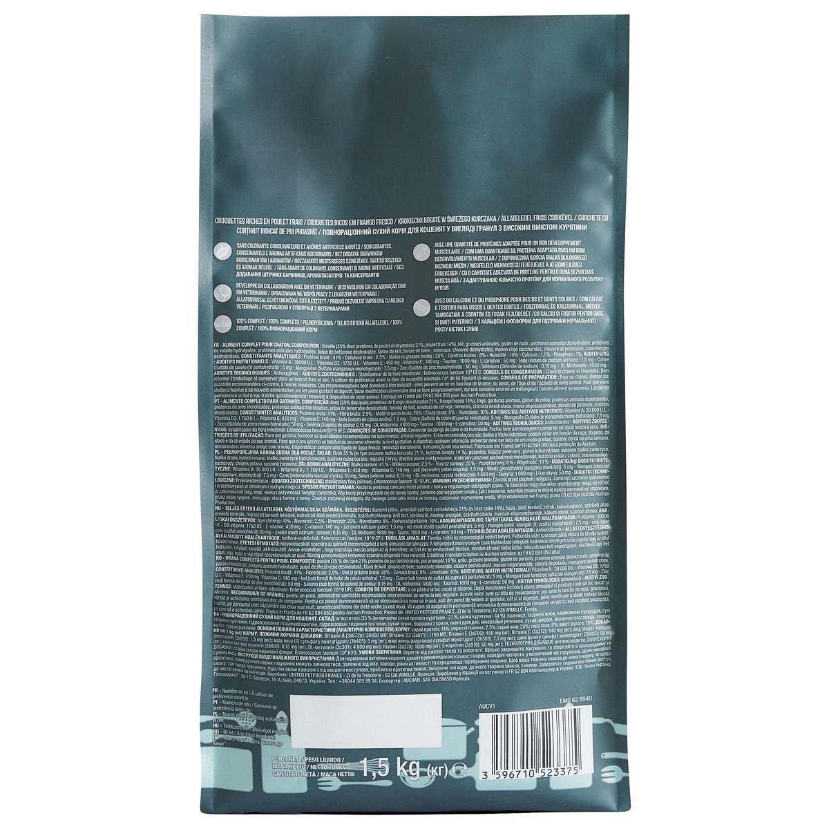 AUCHAN Croquettes riches en poulet frais pour chaton 1.5kg