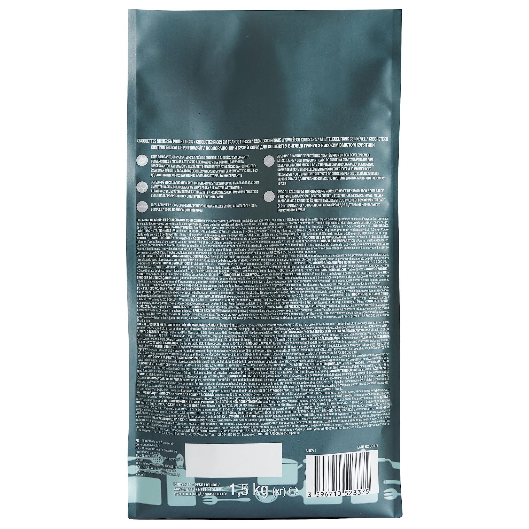 Voir la diapositive 2 : AUCHAN Croquettes riches en poulet frais pour chaton 1.5kg