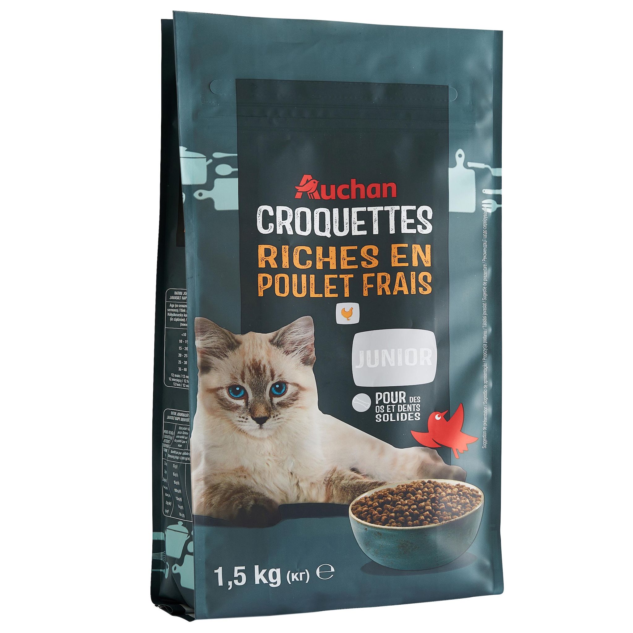 Voir la diapositive 3 : AUCHAN Croquettes riches en poulet frais pour chaton 1.5kg