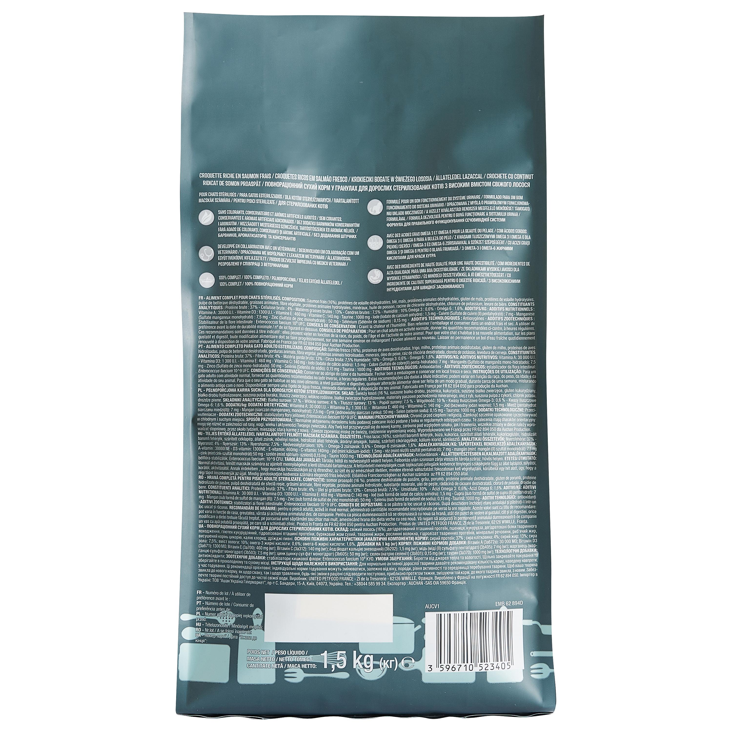 Voir la diapositive 2 : AUCHAN Croquettes riches en saumon frais pour chat stérilisé 1.5kg