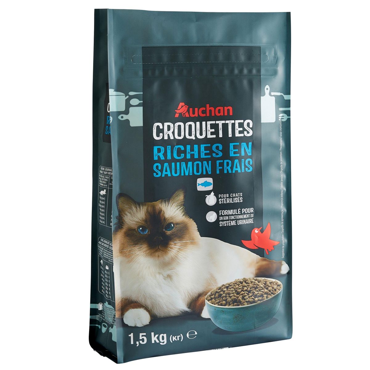 AUCHAN Croquettes riches en saumon frais pour chat stérilisé 1.5kg