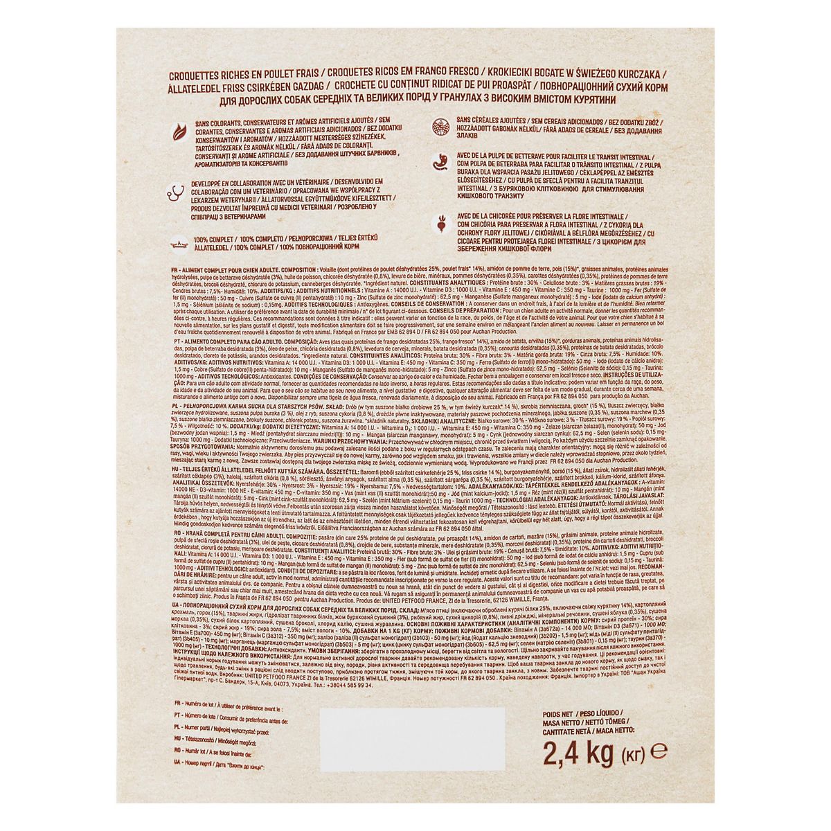 AUCHAN Croquettes riches en poulet frais sans céréales ajoutées pour grand et moyen chien 2.4kg
