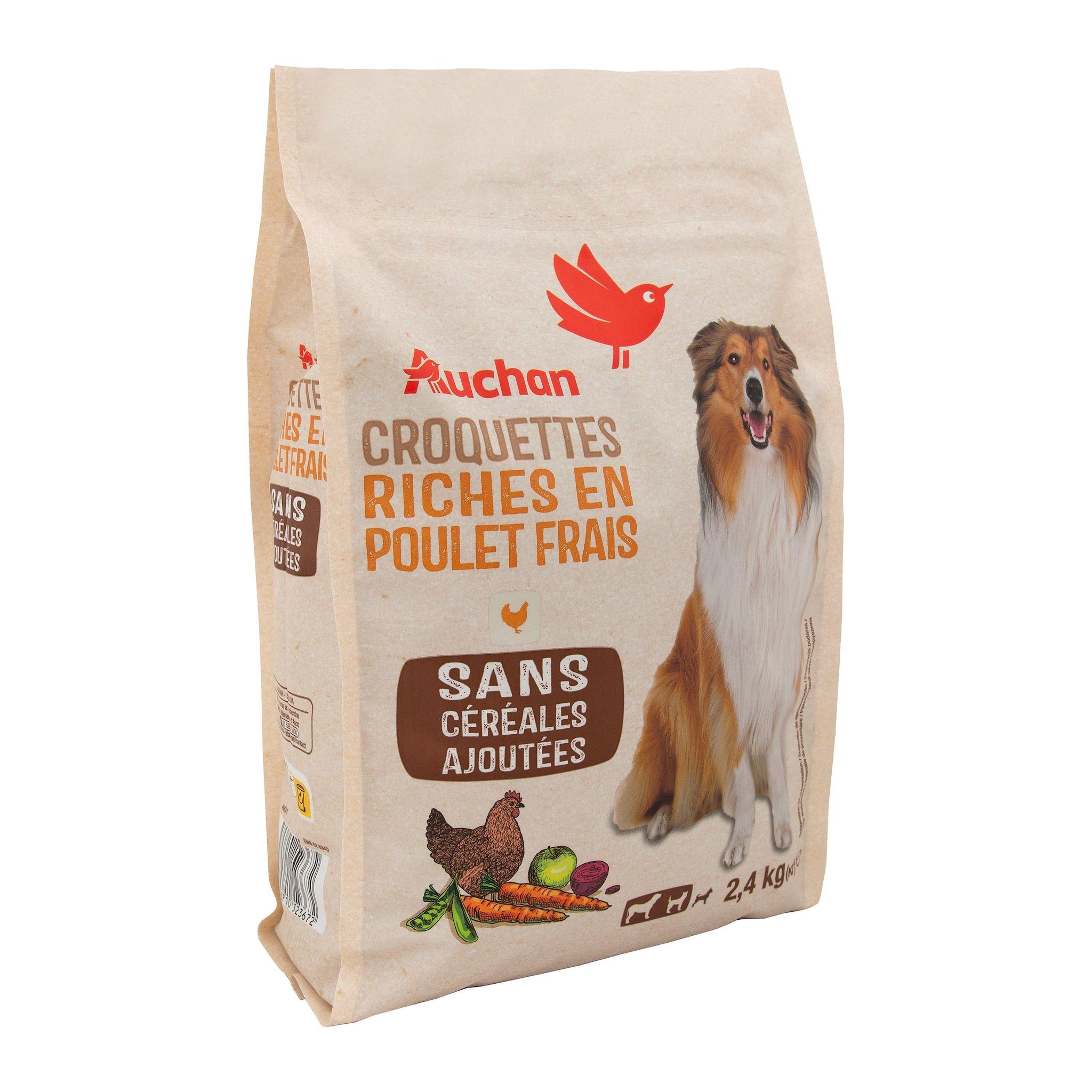 Voir la diapositive 2 : AUCHAN Croquettes riches en poulet frais sans céréales ajoutées pour grand et moyen chien 2.4kg