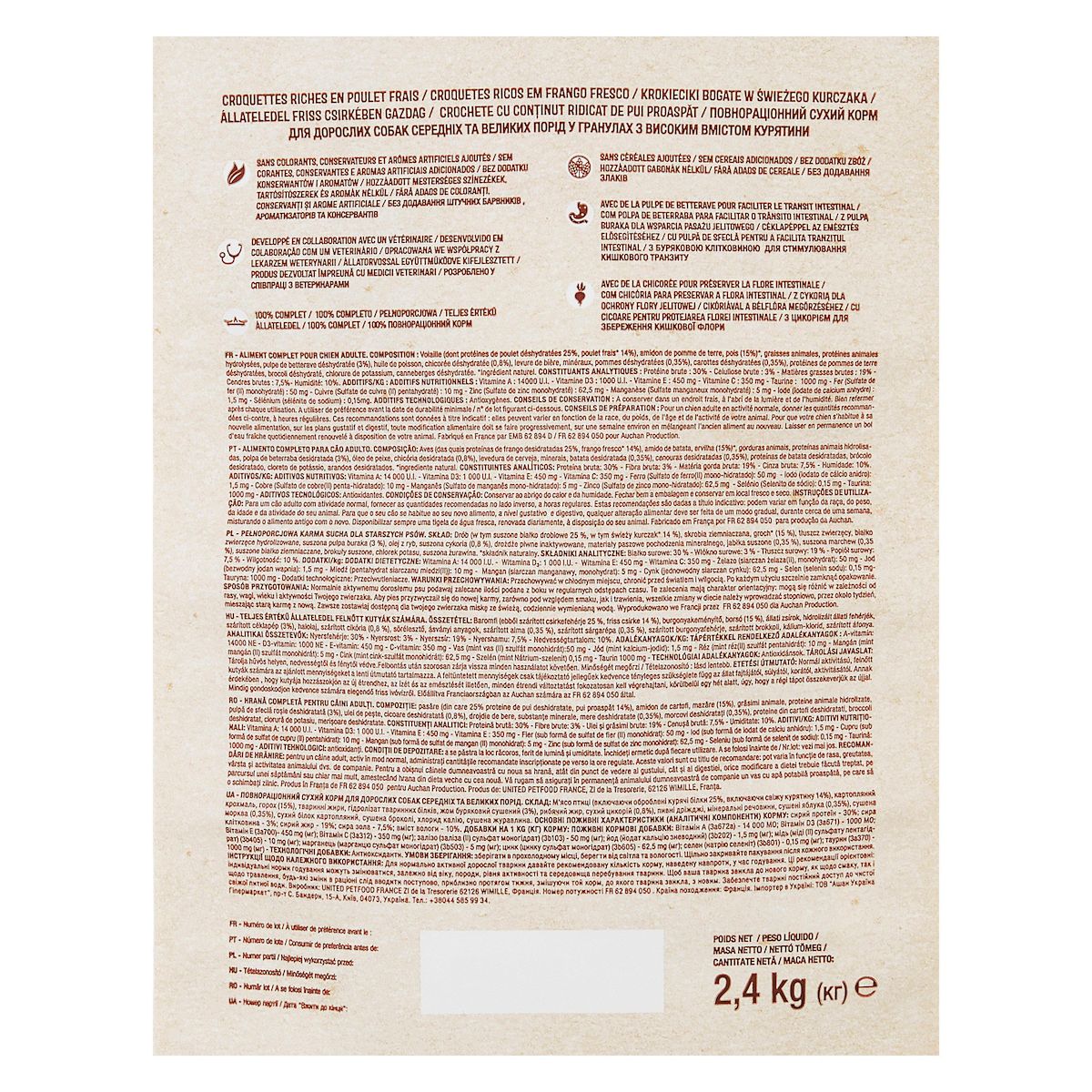AUCHAN Croquettes riches en poulet frais sans céréales ajoutées pour grand et moyen chien 2.4kg