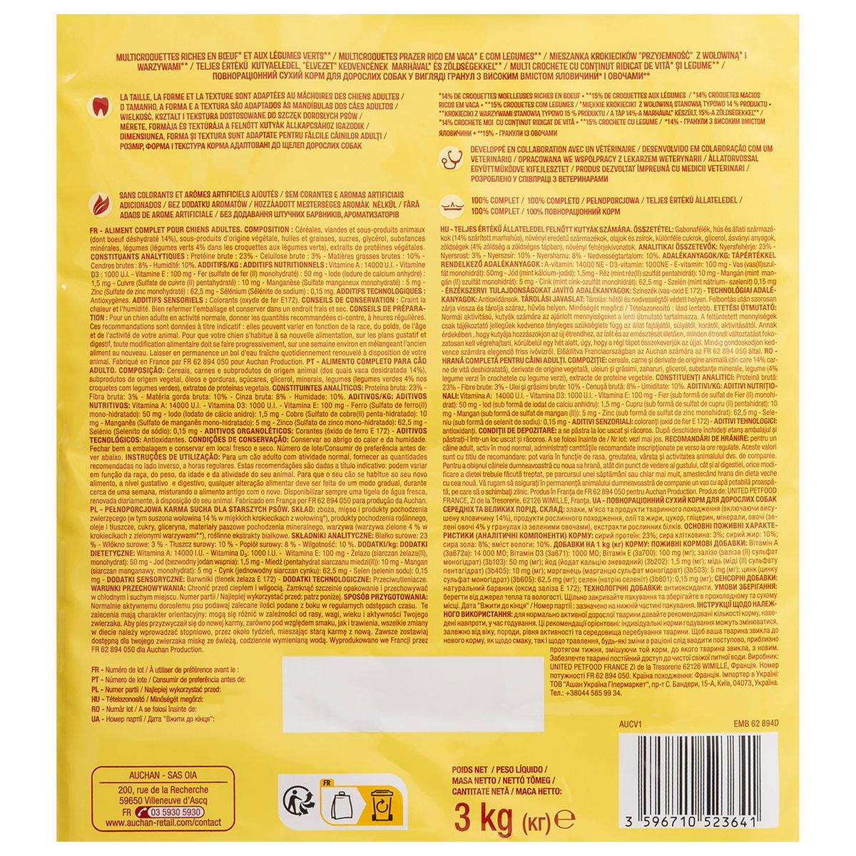 AUCHAN Multi croquettes plaisir boeuf et légumes pour moyen et grand chien 3kg