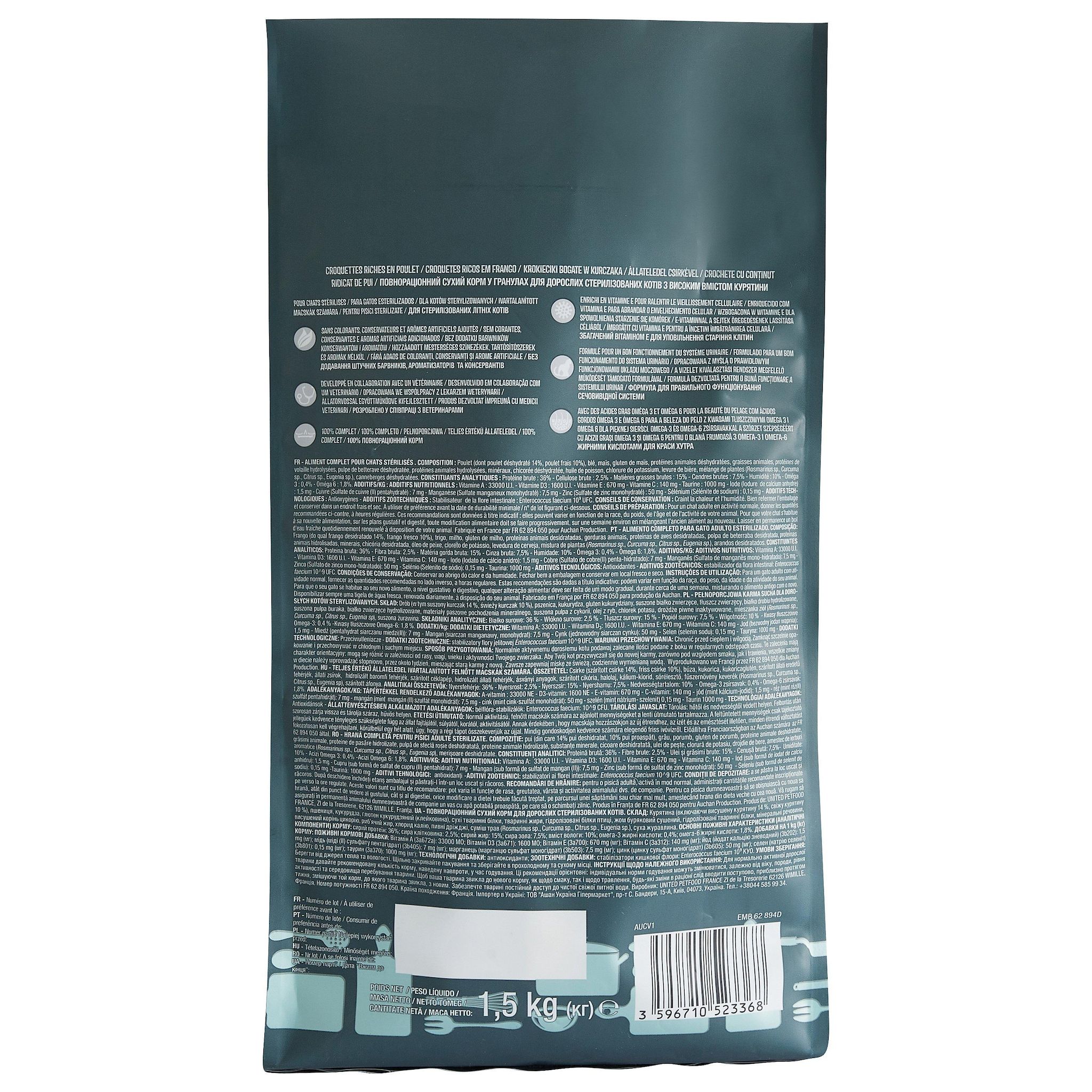 Voir la diapositive 2 : AUCHAN Croquettes riches en poulet pour chat senior stérilisé 1.5kg