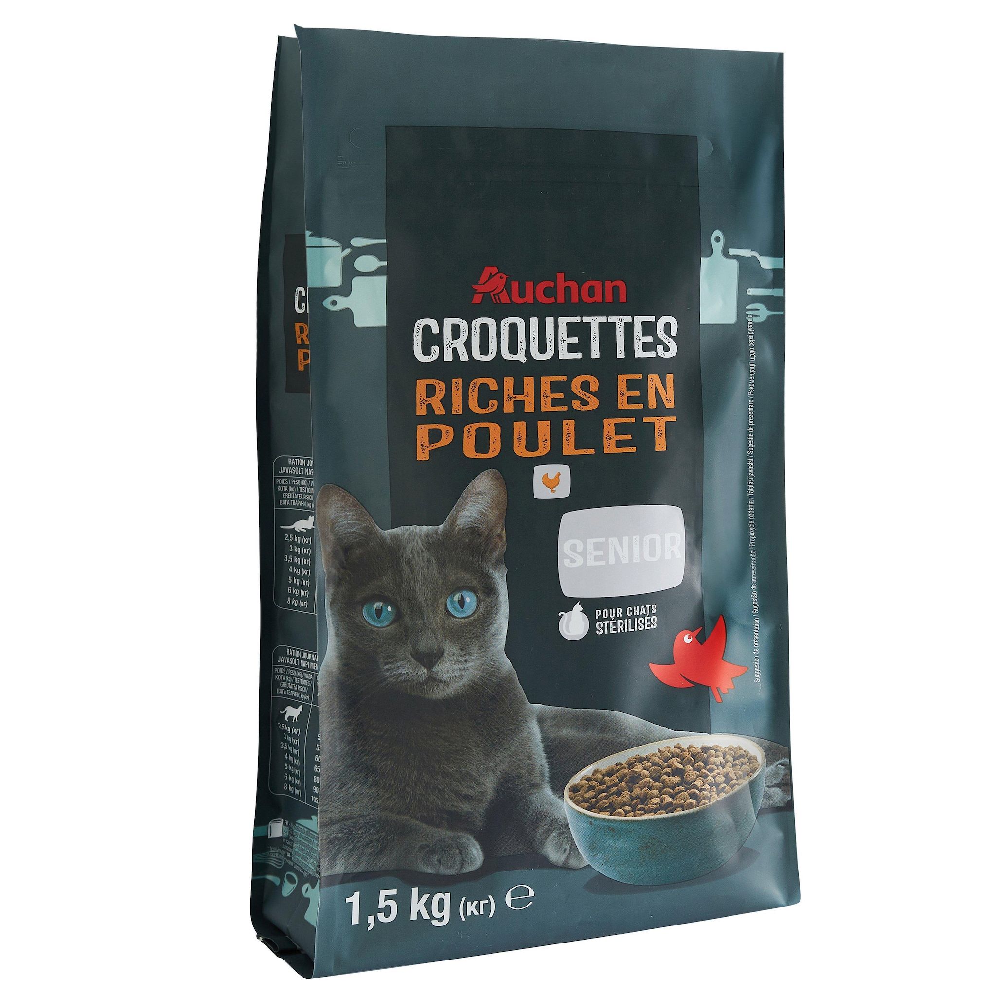 Voir la diapositive 3 : AUCHAN Croquettes riches en poulet pour chat senior stérilisé 1.5kg