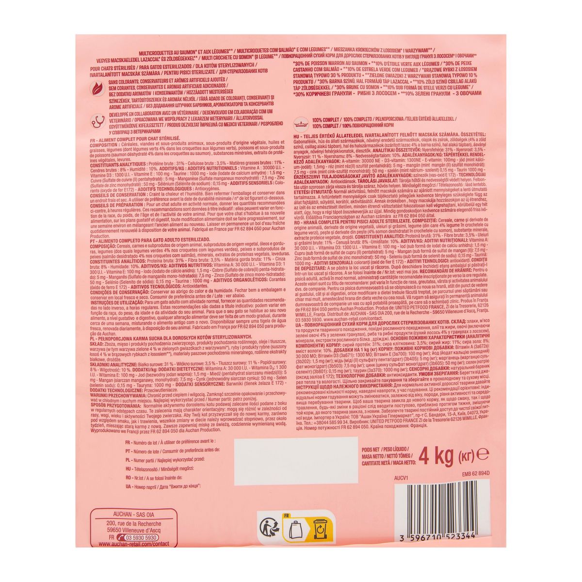 AUCHAN Multi croquettes au saumon et aux légumes pour chat stérilisé 4kg