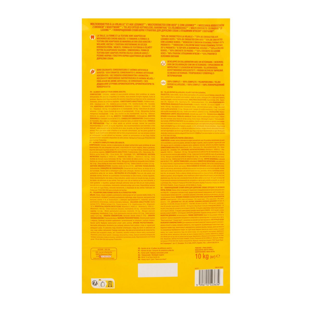AUCHAN Multi croquettes à la volaille et aux légumes pour moyen et grand chien 10kg