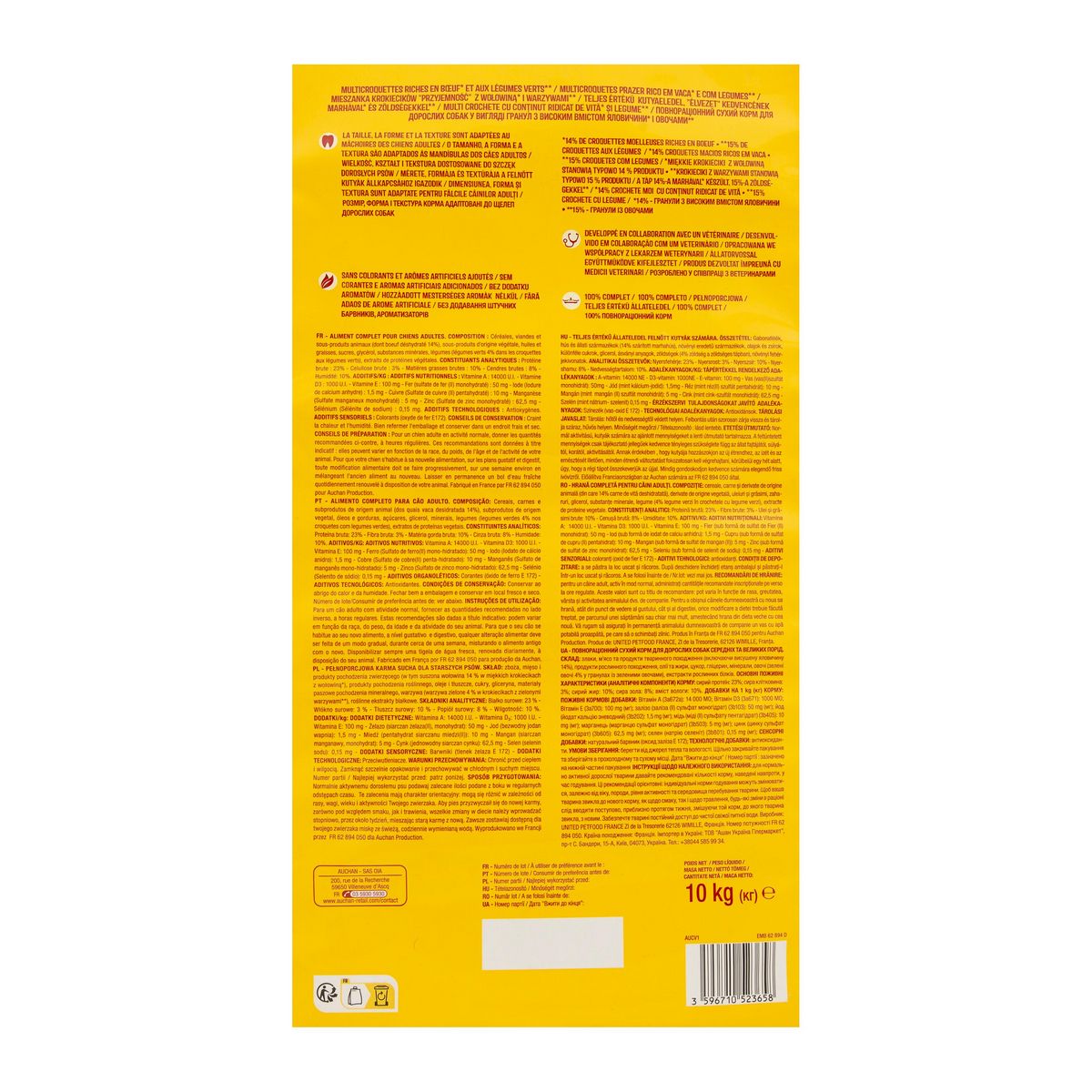 AUCHAN Multi croquettes plaisir au boeuf et aux légumes pour moyen et grand chien 10kg