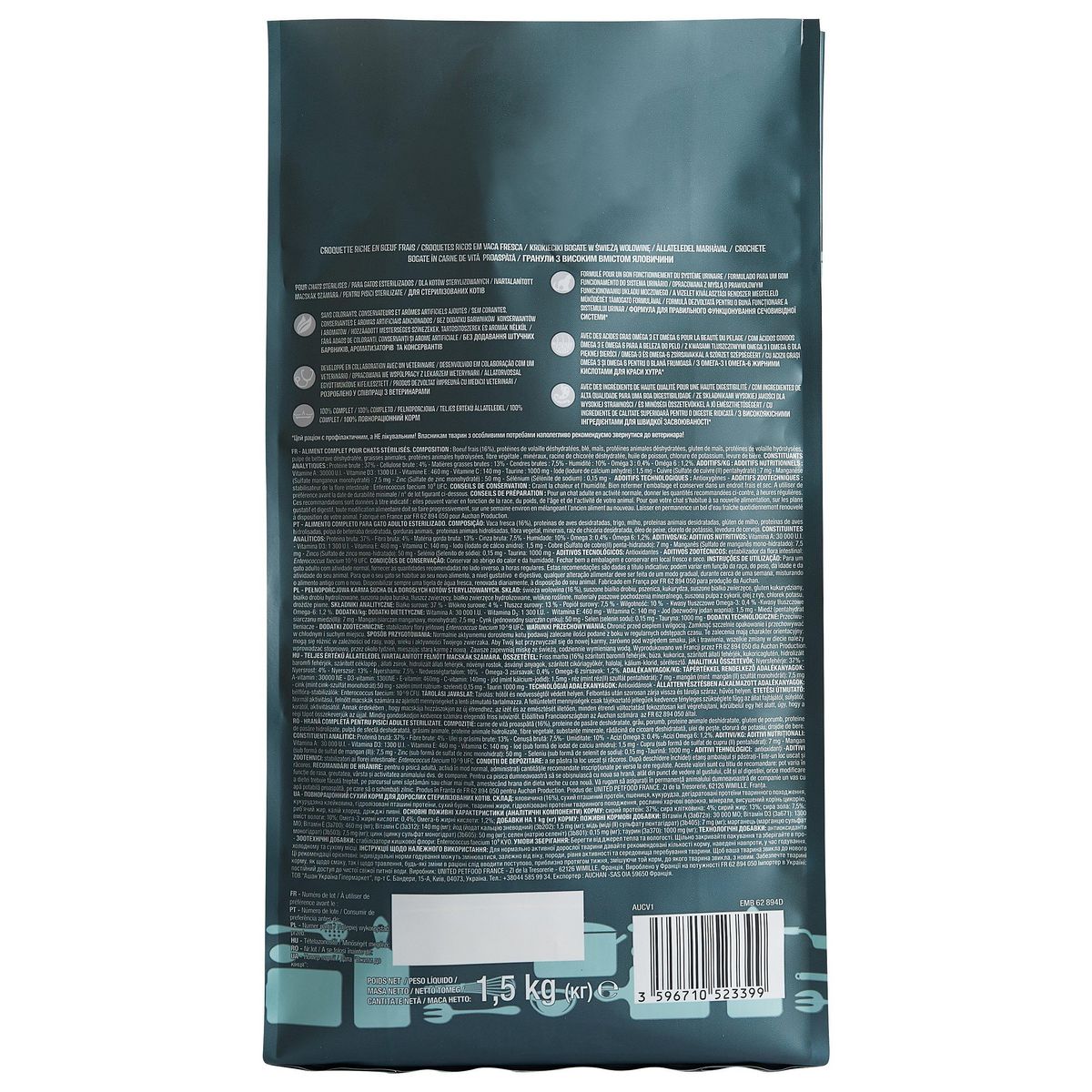 AUCHAN Croquettes riches en boeuf frais pour chat stérilisé 1.5kg