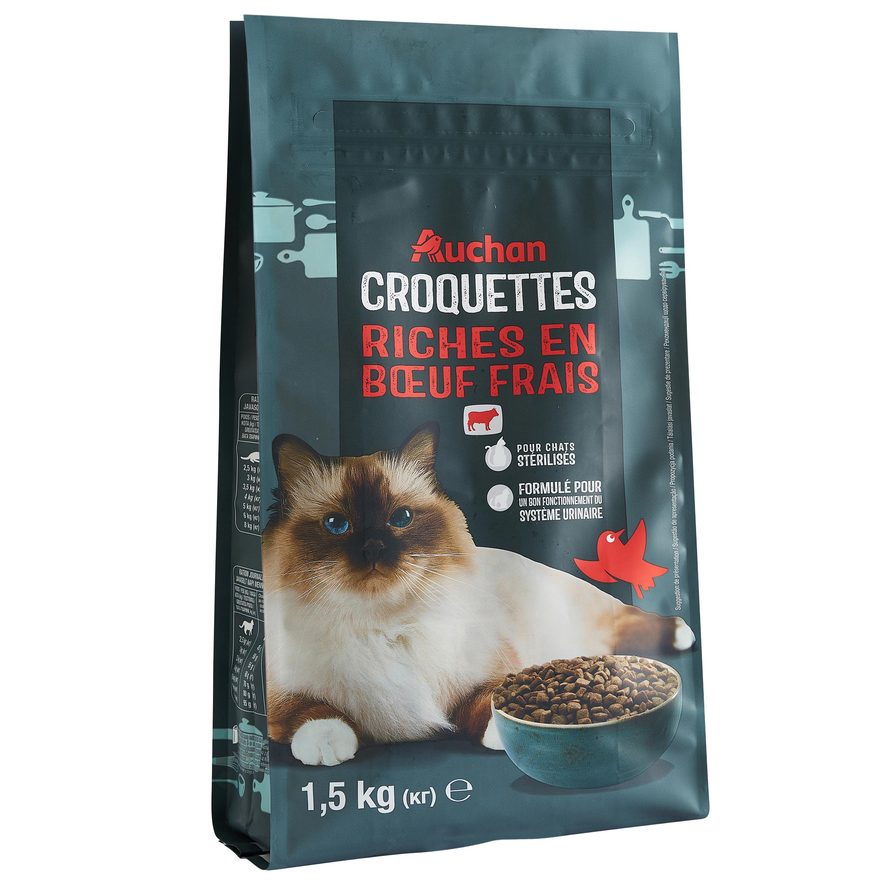 Voir la diapositive 3 : AUCHAN Croquettes riches en boeuf frais pour chat stérilisé 1.5kg