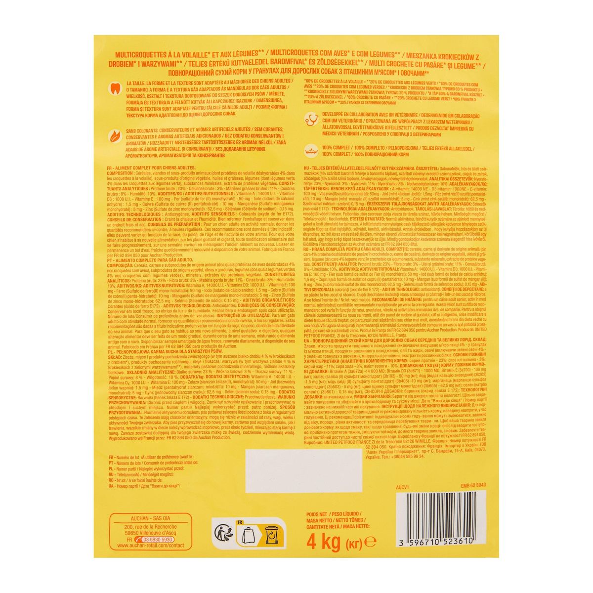 AUCHAN Multi croquettes à la volaille et aux légumes pour moyen et grand chien 4kg