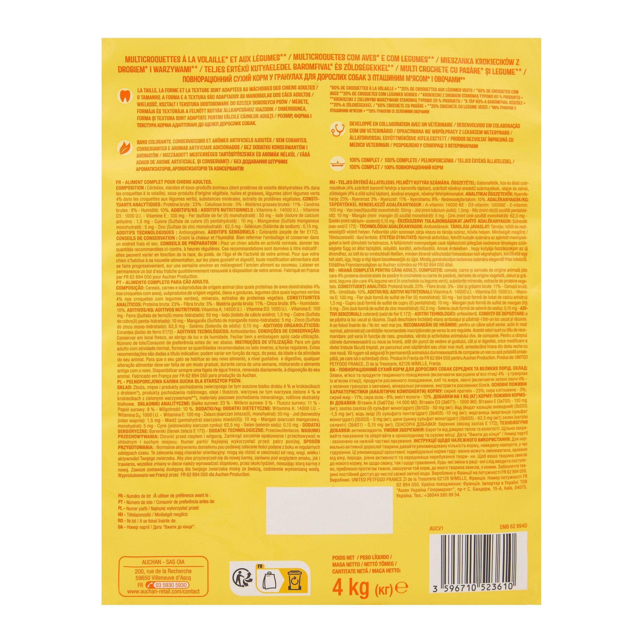 Voir la diapositive 2 : AUCHAN Multi croquettes à la volaille et aux légumes pour moyen et grand chien 4kg