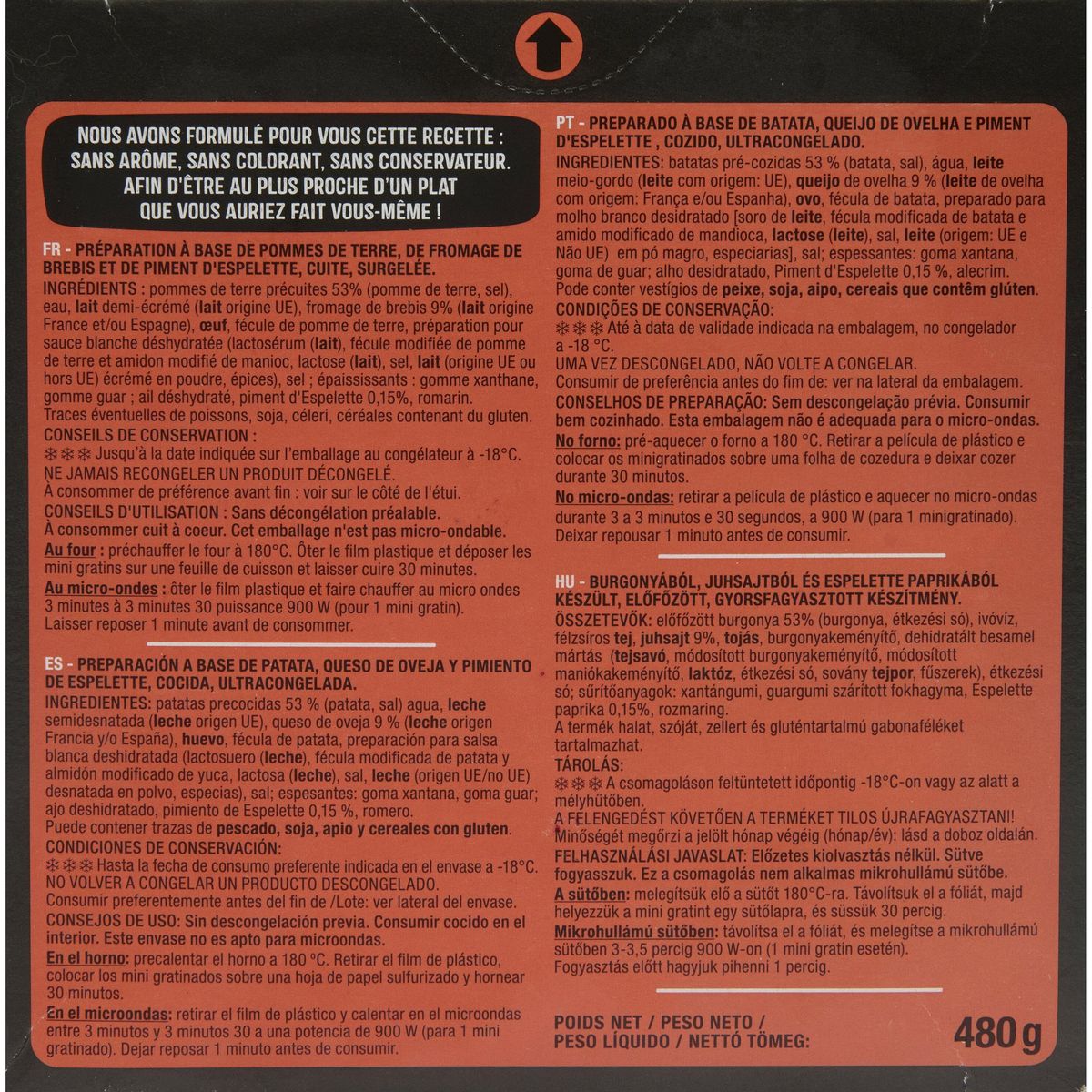 AUCHAN Mini gratins de pommes de terre au fromage de brebis piment d'Espelette 4 pièces 480g