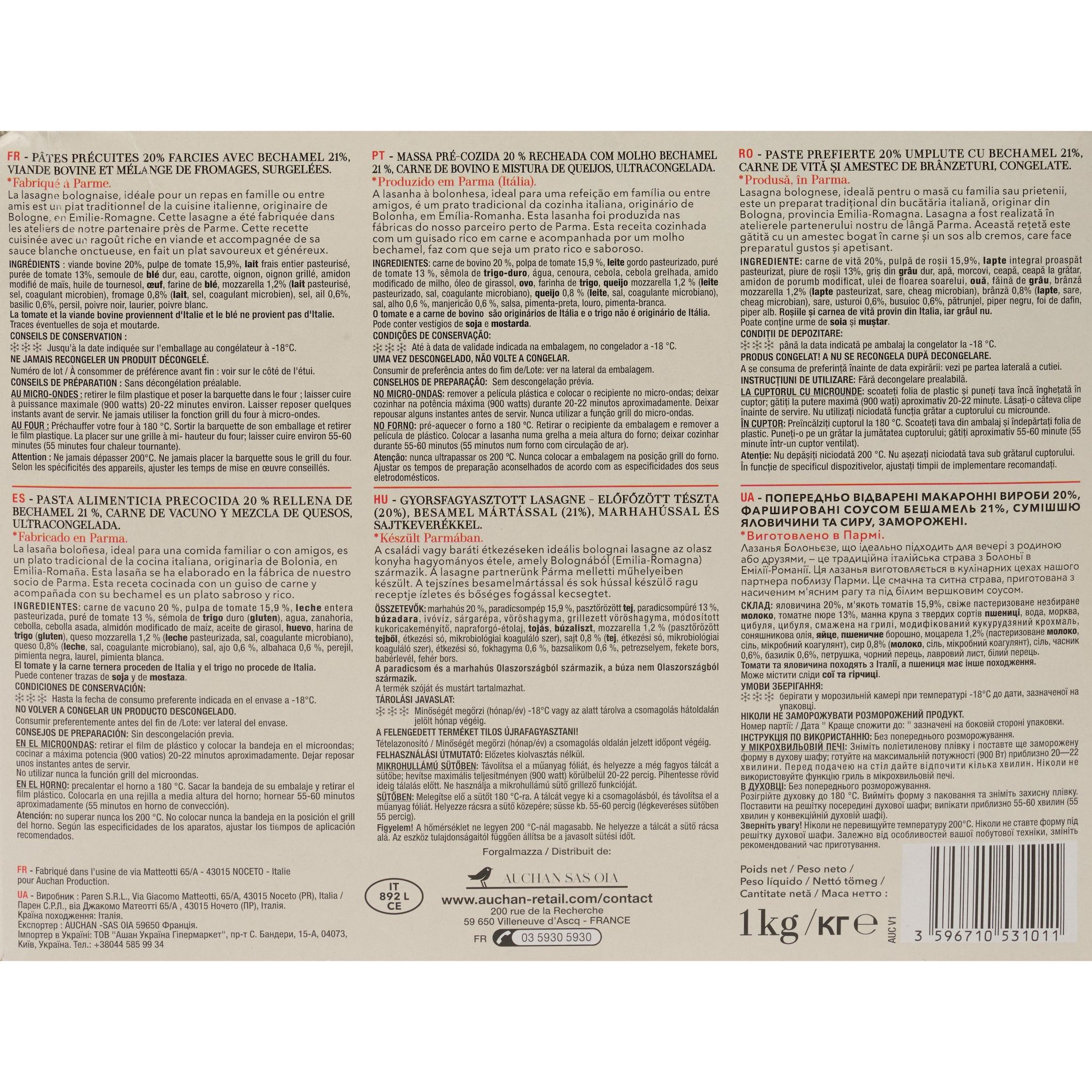 Voir la diapositive 4 : AUCHAN TAVOLA IN ITALIA Lasagnes à la bolognèse 1kg