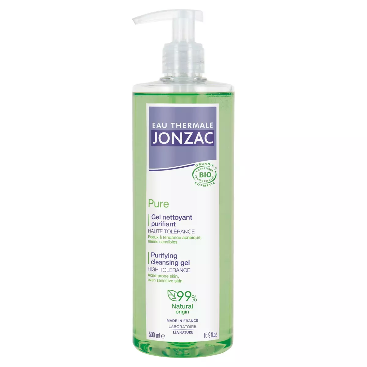 EAU THERMALE JONZAC Pure Gel nettoyant purifiant bio haute tolérance pour peaux à tendance acnéique mêmes sensibles 500ml