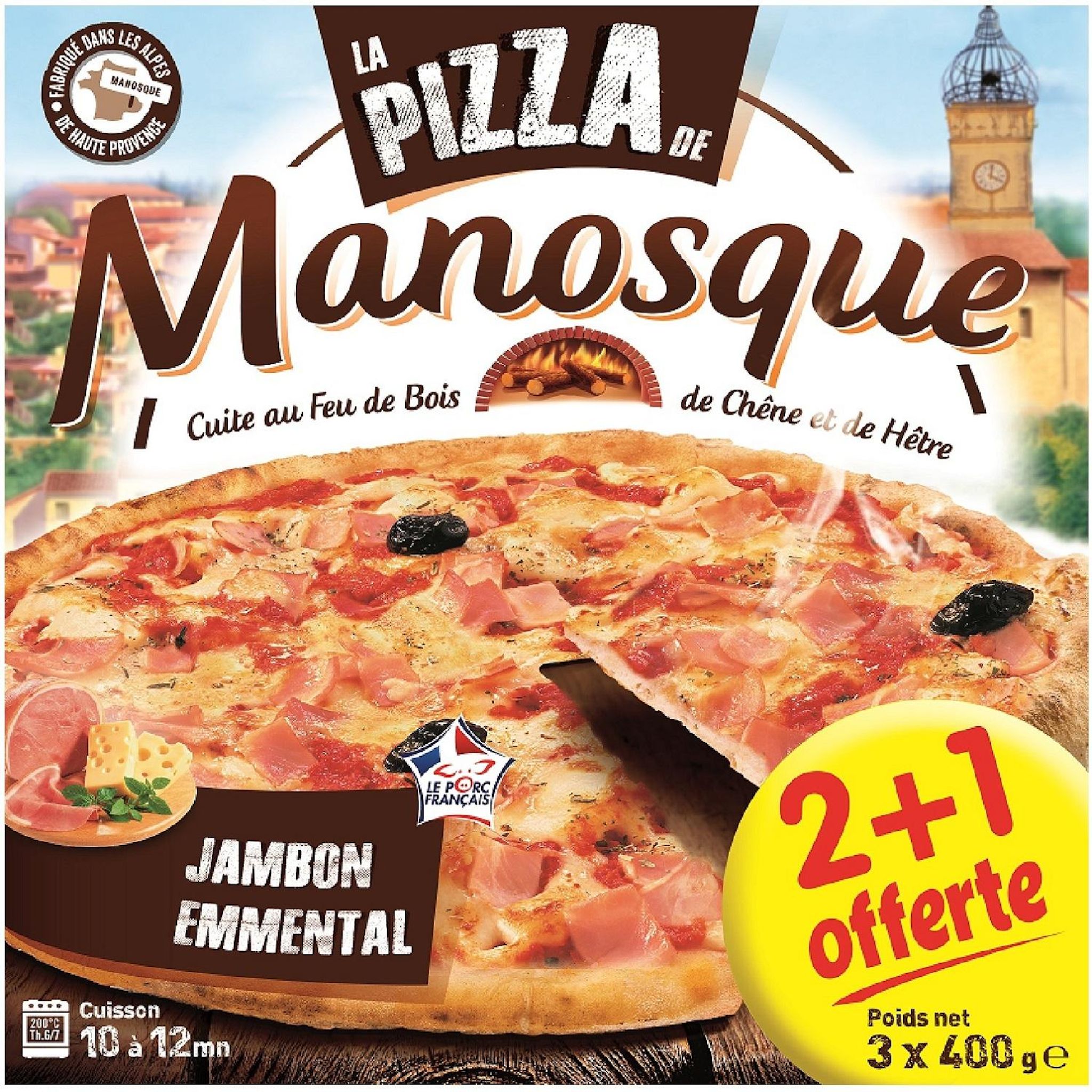 LA PIZZA DE MANOSQUE Pizza jambon emmental cuite au feu de bois 2+1 offerte 3x400g